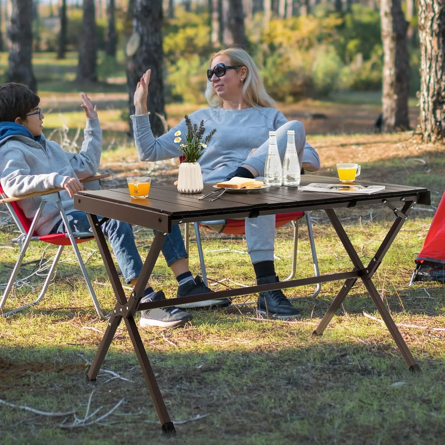 COSTWAY Portable Picnic Table, 28’’ x 43’’ Roll-Up Aluminum Beach Table with Carry Bag for 4-6 Person, Folding Camping Table with Sturdy X-Shaped Frame (Brown)