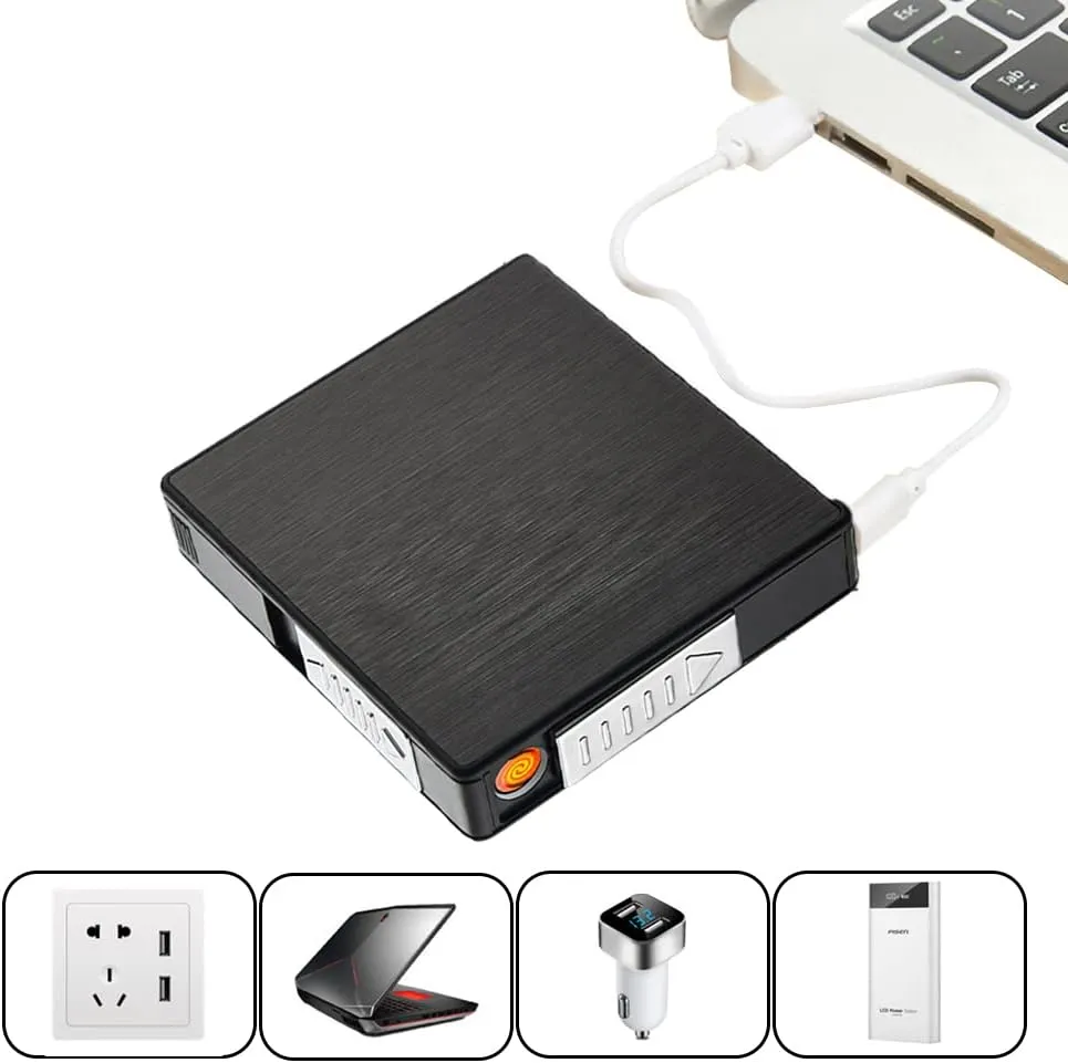 COZYLIFE Cigarette Case with Electric Lighter,Cigarette Box with USB Rechargeable,Cigarette Case Holder Lighter Ideal Gift for Your Friends (Black)