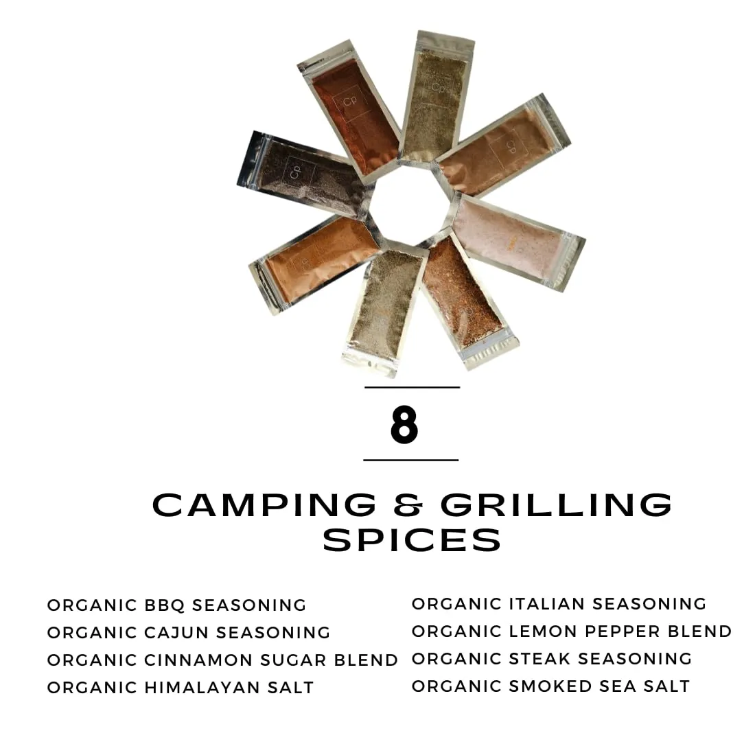 Cpise Organic Camping & Grill Seasoning & Salt Gift Set: BBQ Seasoning | Cajun Seasoning | Smoked Sea Salt | Cinnamon Sugar Blend | Himalyan Salt | Italian Seasoning | Lemon Pepper Blend | Steak Seasoning