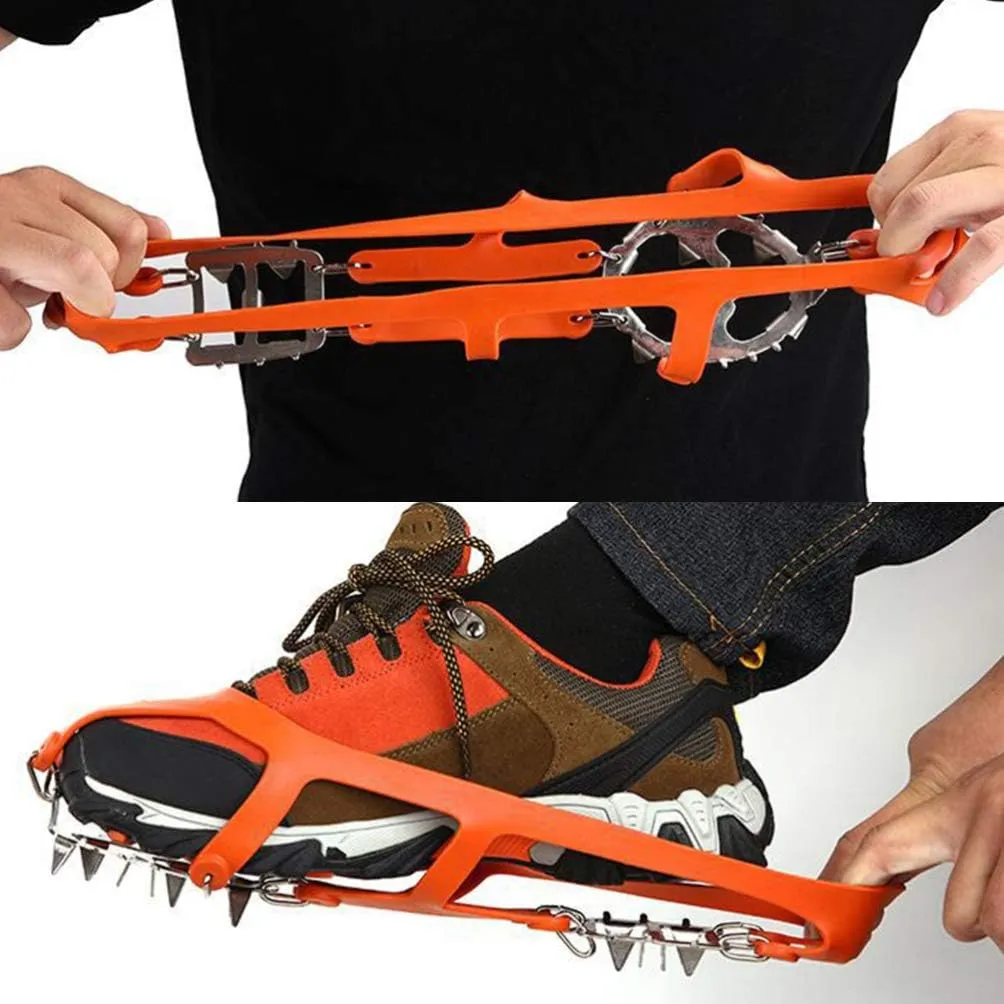 Crampon Ground Ice Surface Non- Slip Shoe Cover Outdoor 18 Tooth Stainless Steel Reinforced Crampon Climbing Grip 1 Pair (Orange Size M)