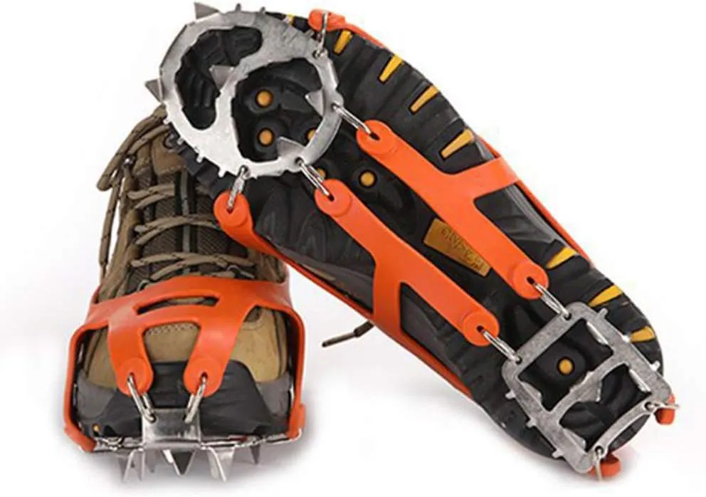 Crampon Ground Ice Surface Non- Slip Shoe Cover Outdoor 18 Tooth Stainless Steel Reinforced Crampon Climbing Grip 1 Pair (Orange Size M)