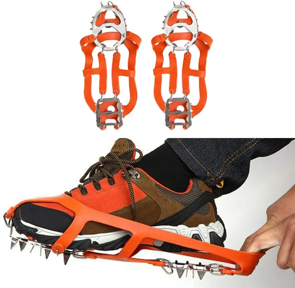 Crampon Ground Ice Surface Non- Slip Shoe Cover Outdoor 18 Tooth Stainless Steel Reinforced Crampon Climbing Grip 1 Pair (Orange Size M)