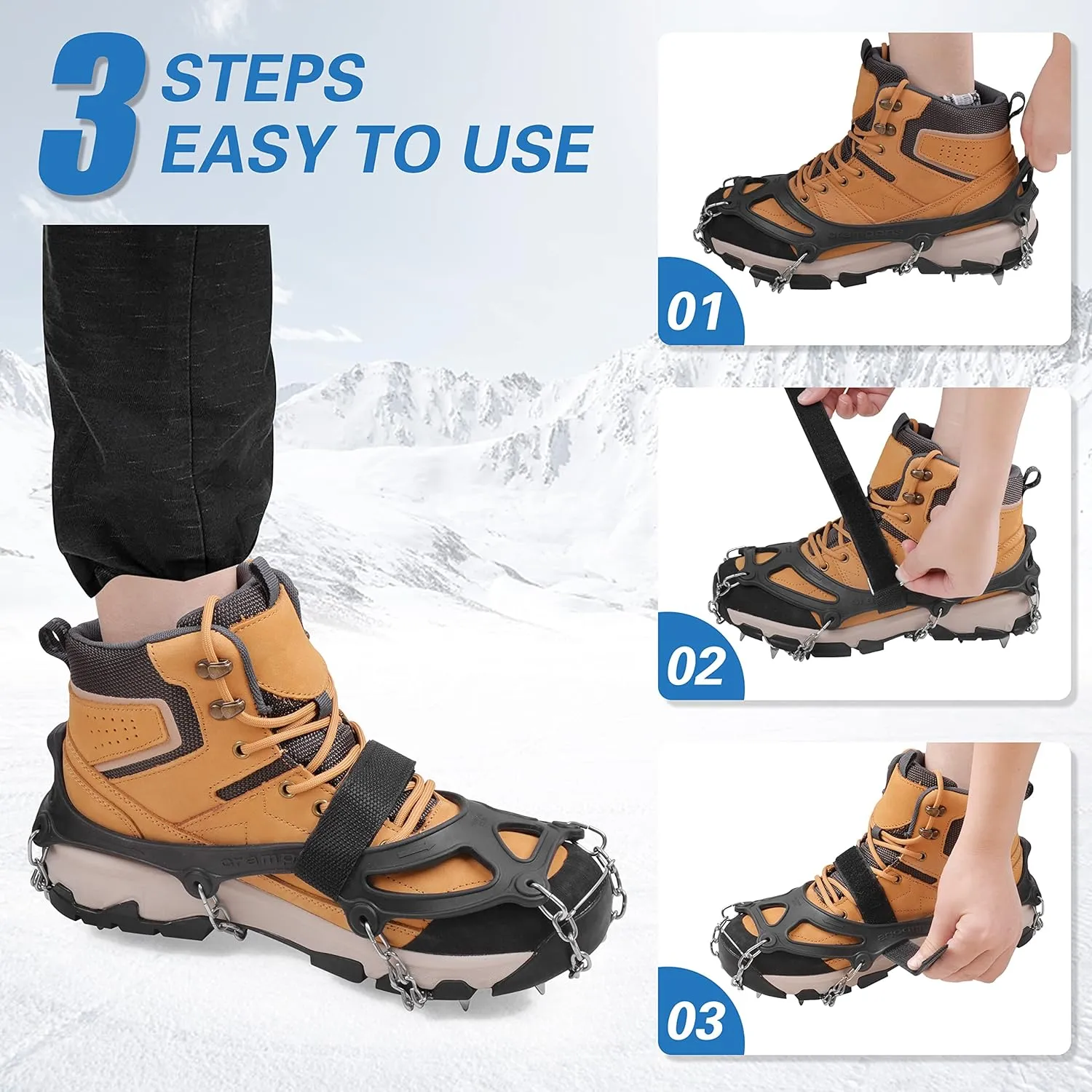 Crampons Ice Cleats Traction Snow Shoes Grips for Hiking Boots Women Men 19 Stainless Steel Shoe Chains Anti Slip Safe Protect for Walking Fishing Climbing Mountaineering