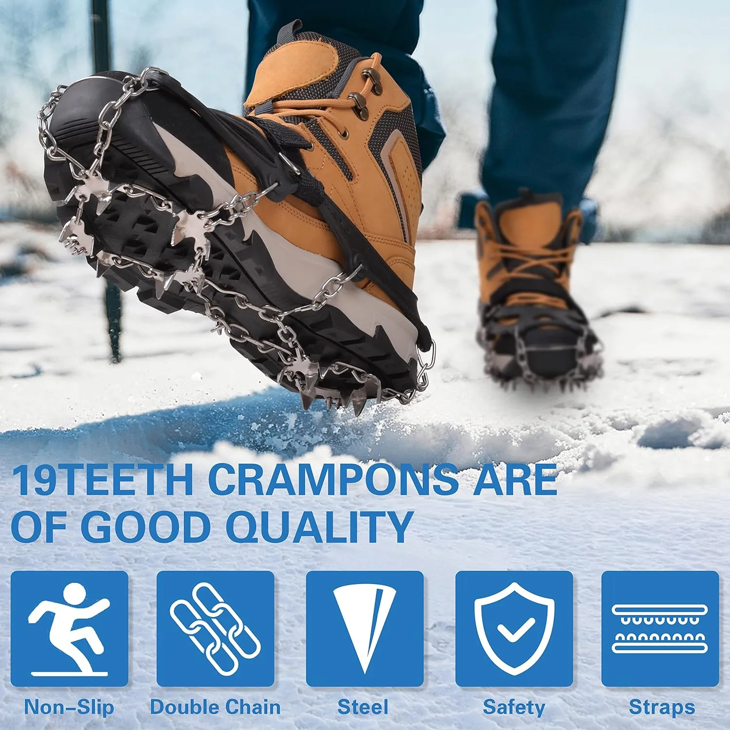 Crampons Ice Cleats Traction Snow Shoes Grips for Hiking Boots Women Men 19 Stainless Steel Shoe Chains Anti Slip Safe Protect for Walking Fishing Climbing Mountaineering