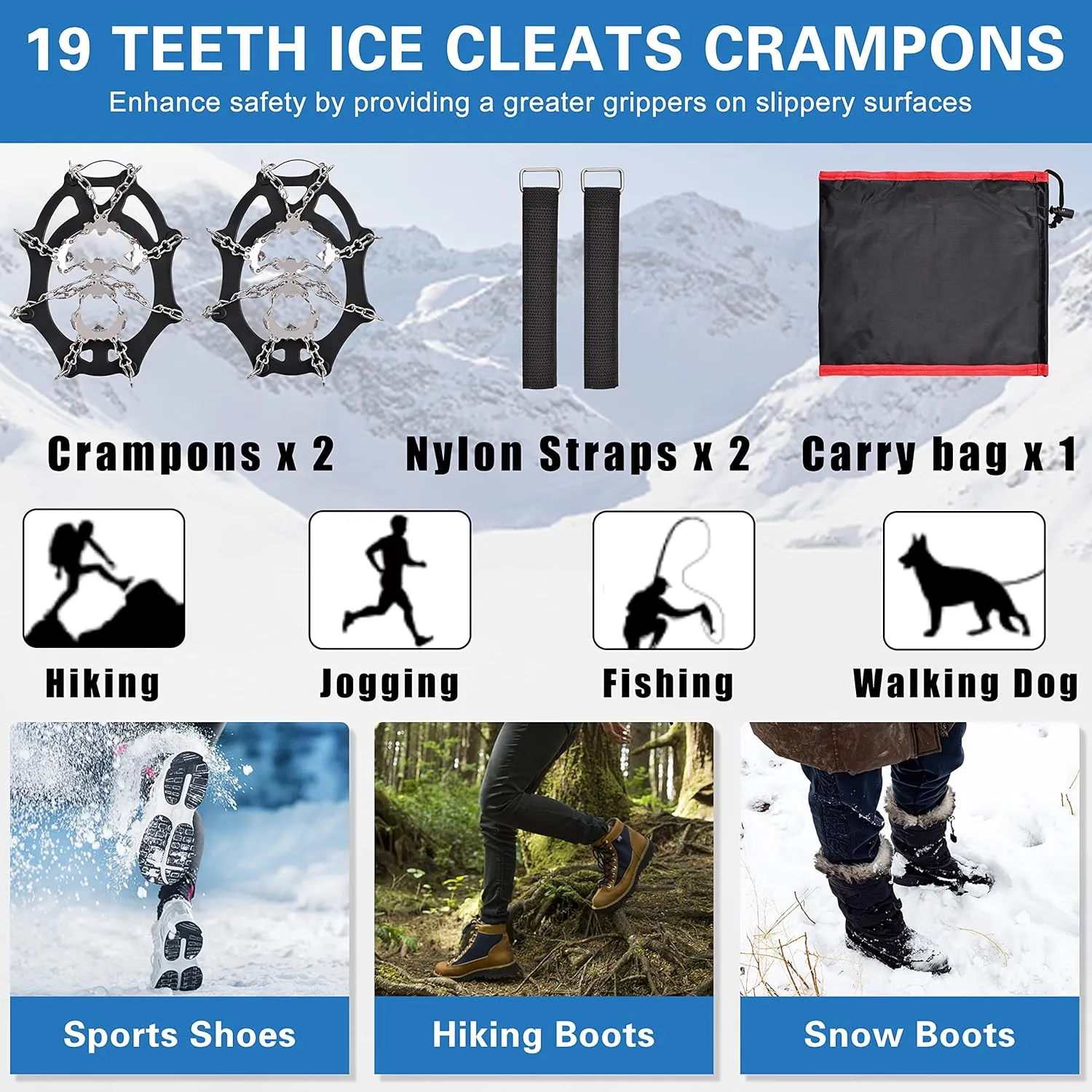 Crampons Ice Cleats Traction Snow Shoes Grips for Hiking Boots Women Men 19 Stainless Steel Shoe Chains Anti Slip Safe Protect for Walking Fishing Climbing Mountaineering