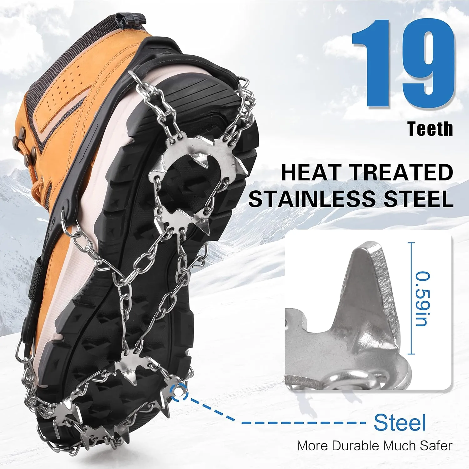 Crampons Ice Cleats Traction Snow Shoes Grips for Hiking Boots Women Men 19 Stainless Steel Shoe Chains Anti Slip Safe Protect for Walking Fishing Climbing Mountaineering