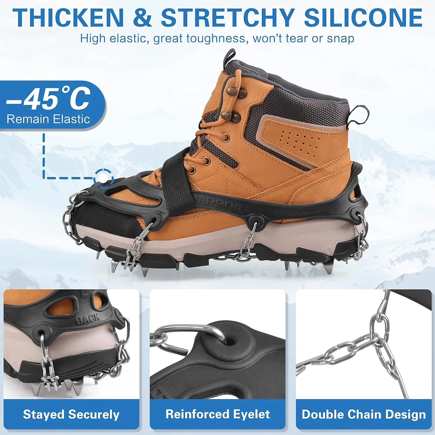 Crampons Ice Cleats Traction Snow Shoes Grips for Hiking Boots Women Men 19 Stainless Steel Shoe Chains Anti Slip Safe Protect for Walking Fishing Climbing Mountaineering