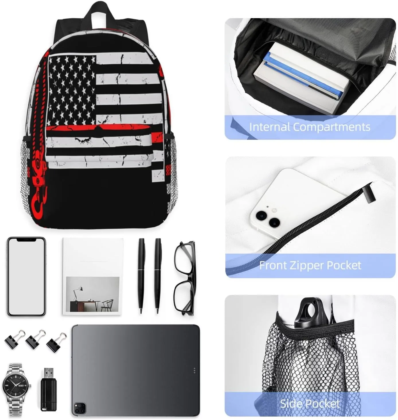 Crane Operator American Flag Backpack 15 Inch Laptop Backpacks Casual Daypack Travel Rucksack Sport Backpack Adjustable Straps Work Bags for Gym Camping Hiking