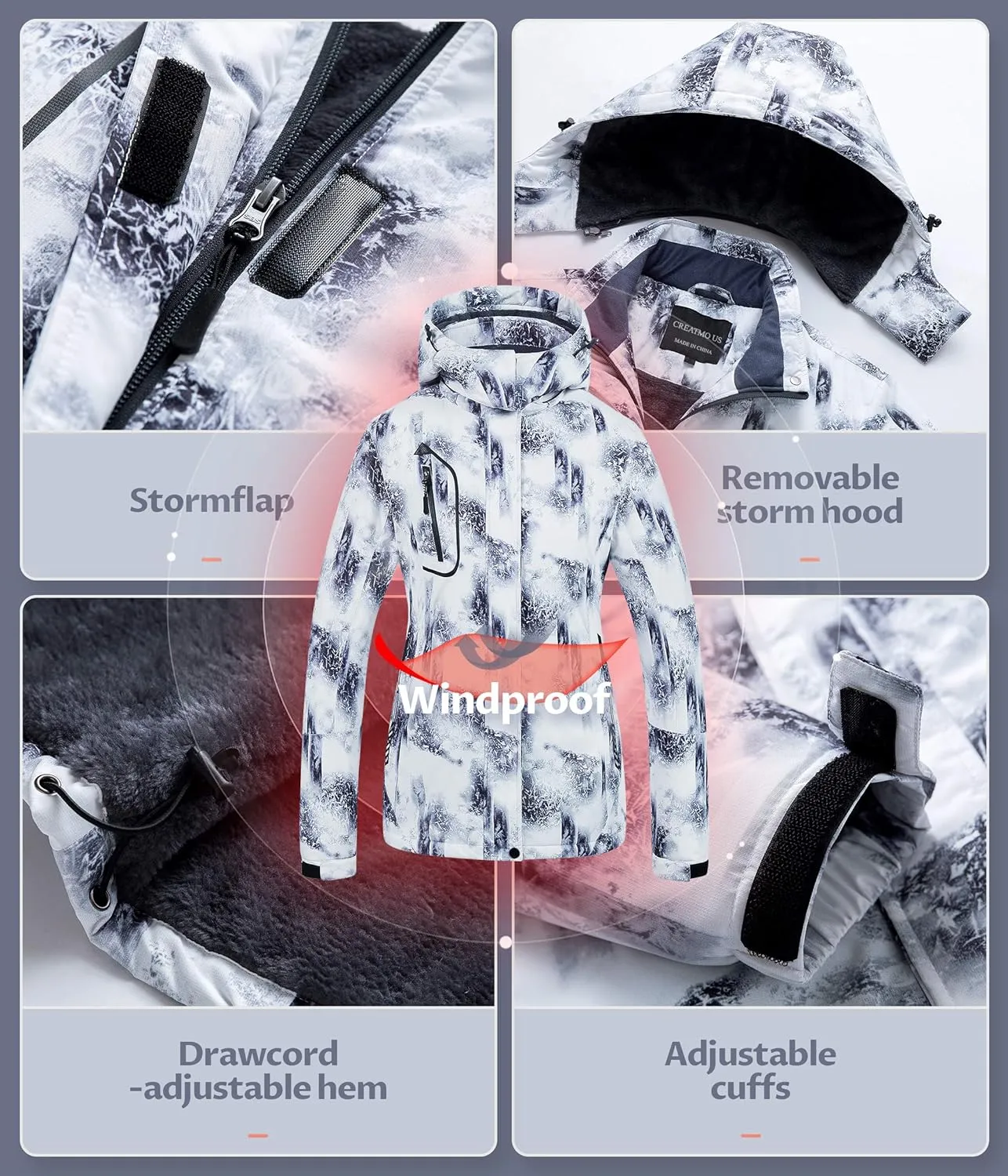 CREATMO US Women's Mountain Waterproof Ski Jacket Windproof Snowboarding Jacket Warm Winter Coat Raincoat