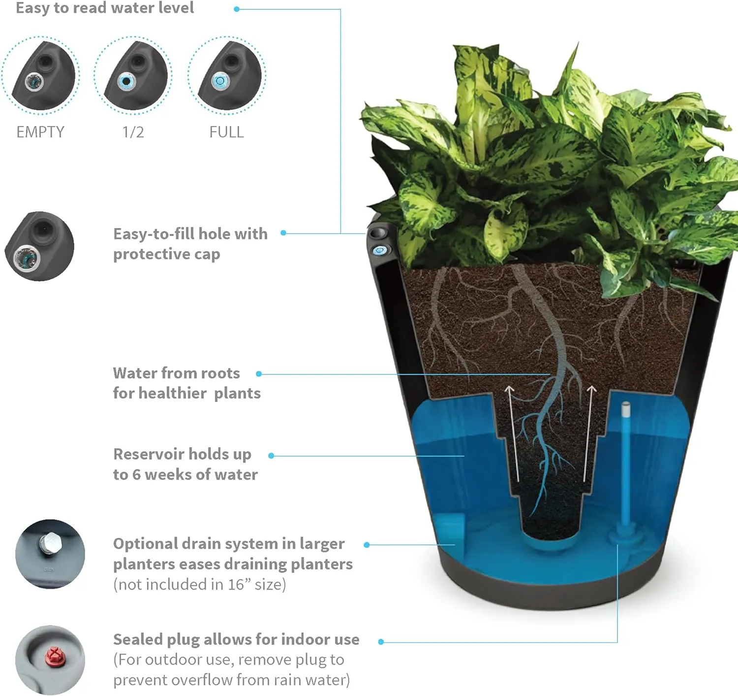 Crescent Garden Dot TruDrop Indoor/Outdoor Planter, Self-Watering Plant Pot, 20 Inches, (Slate)