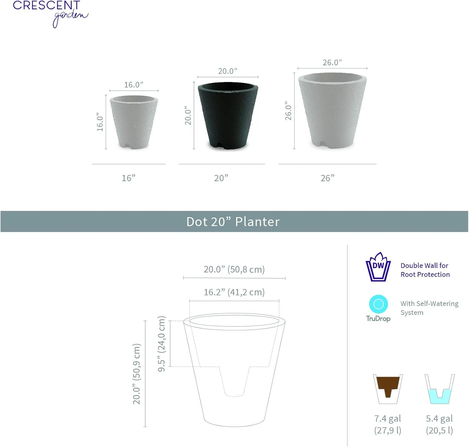 Crescent Garden Dot TruDrop Indoor/Outdoor Planter, Self-Watering Plant Pot, 20 Inches, (Slate)