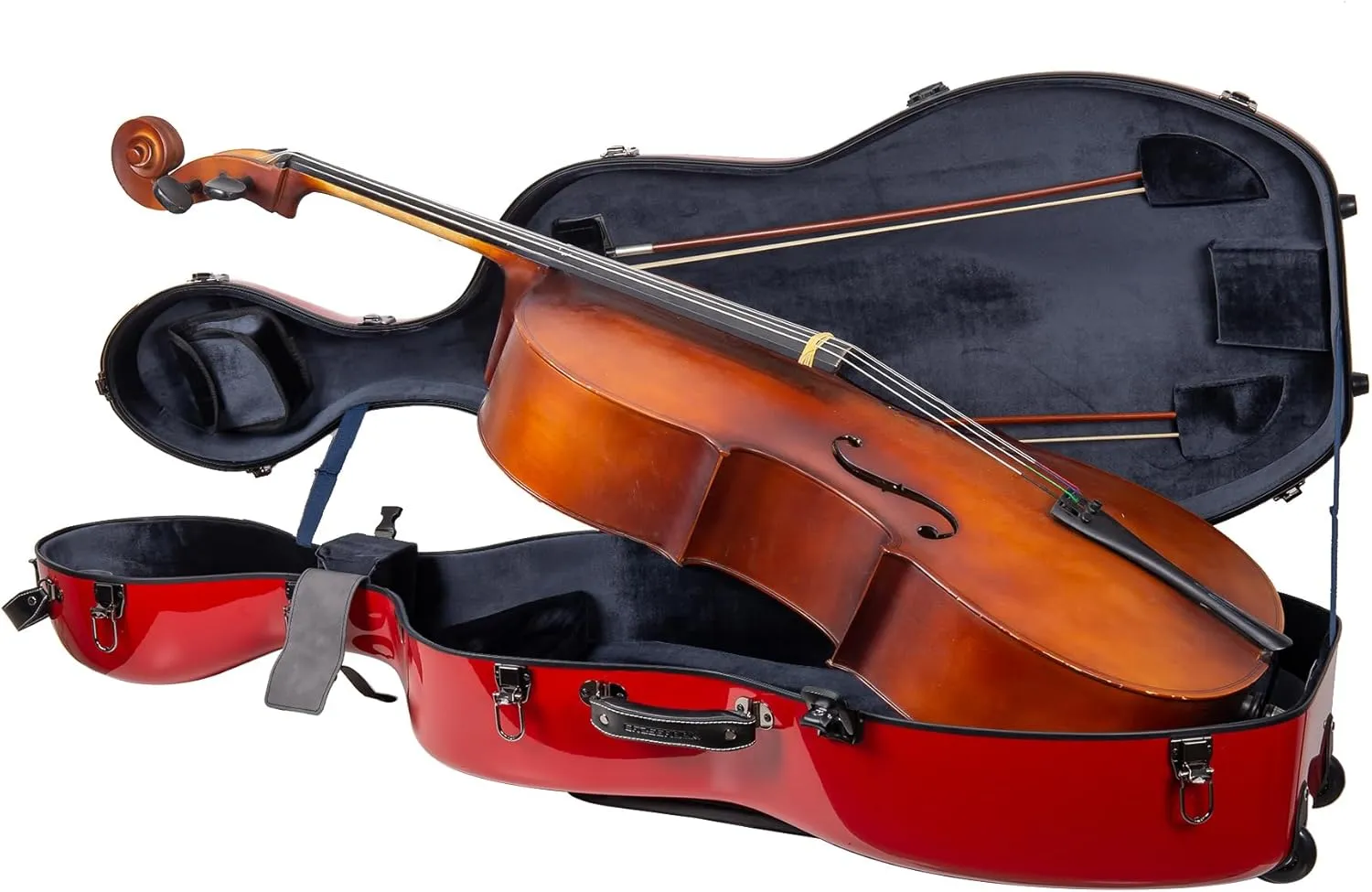 Crossrock Fiberglass Cello Case with Wheels - Fits 4/4 Full Size Cellos - Includes Padded Music Pouch, 3 Handles, Removable Shoulder Straps, Combination Lock - Red (CRF2020CEFRD)