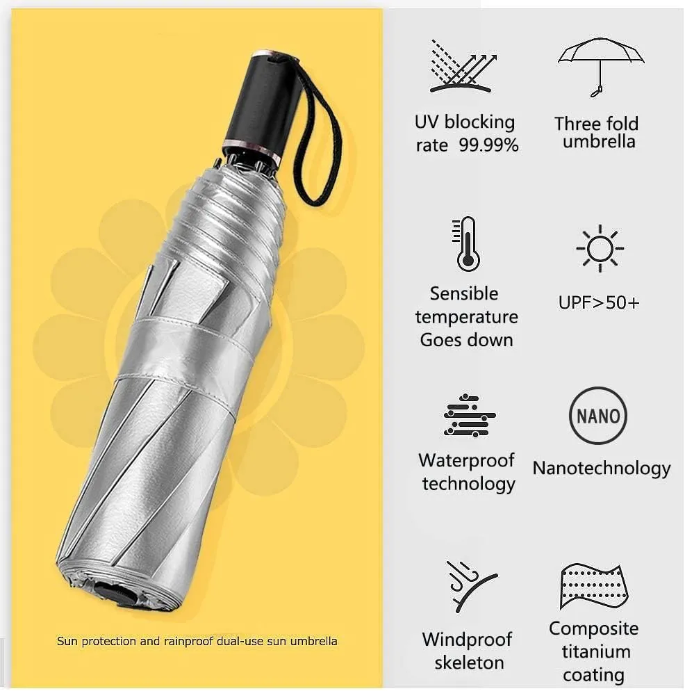 Cuby UV Sun Umbrella Compact Folding Umbrella lightweight Portable Manual Travel Umbrella for Rainproof & 99% UV Protection with Black Anti-UV Coating