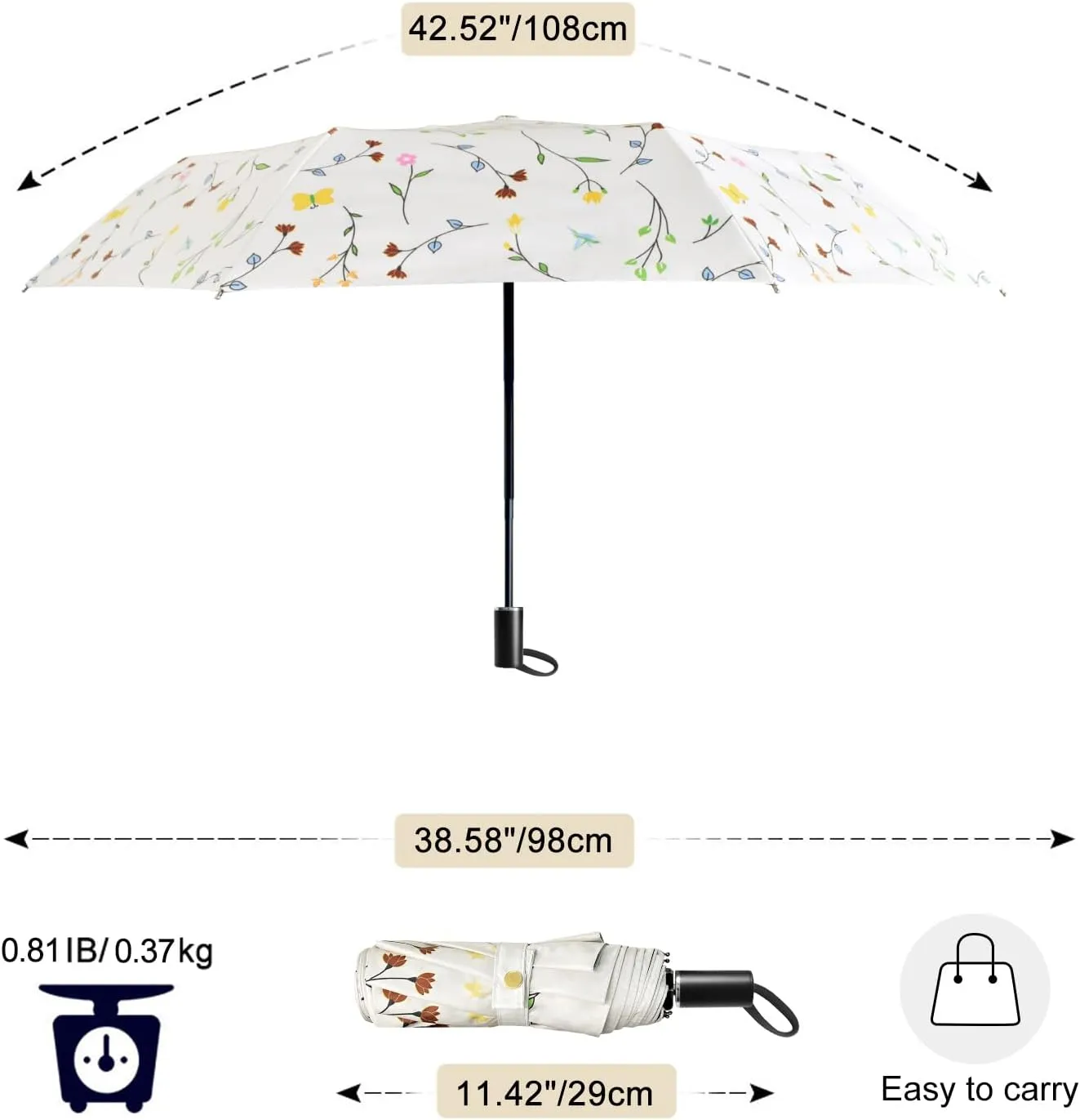 Cuby UV Sun Umbrella Compact Folding Umbrella lightweight Portable Manual Travel Umbrella for Rainproof & 99% UV Protection with Black Anti-UV Coating