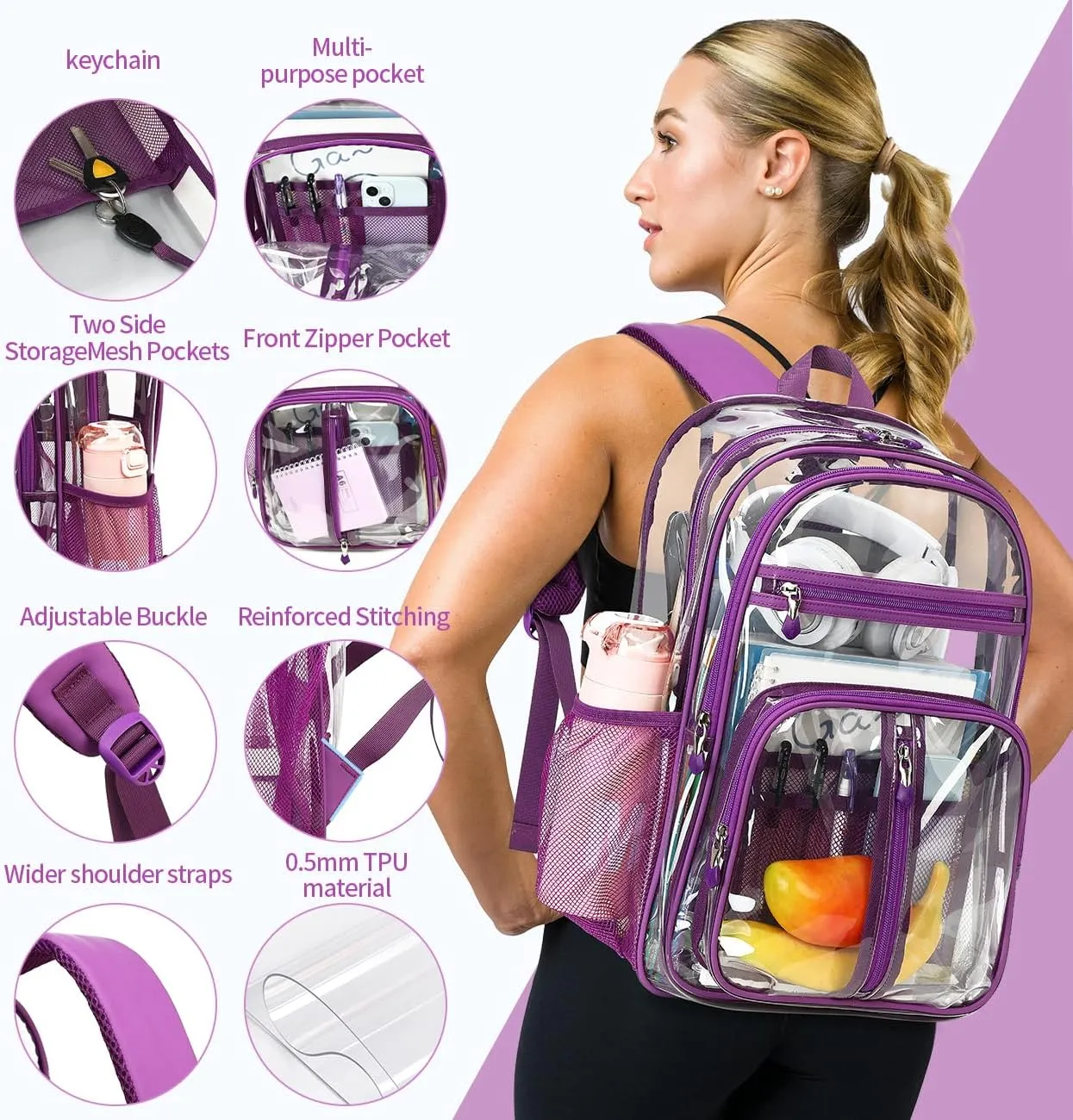 Cusangel Clear Purple Backpack for Women – Heavy Duty See Through XL H18''xW13''xD8 Plastic Big Transparent Bookbag for Sport Event,School,Stadium Events & Work Backpacks