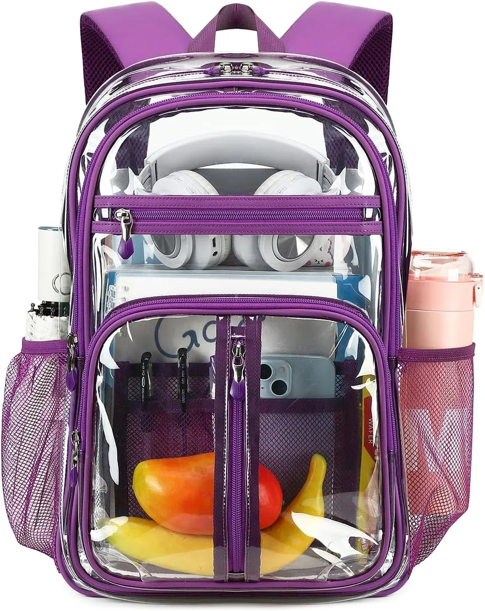 Cusangel Clear Purple Backpack for Women – Heavy Duty See Through XL H18''xW13''xD8 Plastic Big Transparent Bookbag for Sport Event,School,Stadium Events & Work Backpacks