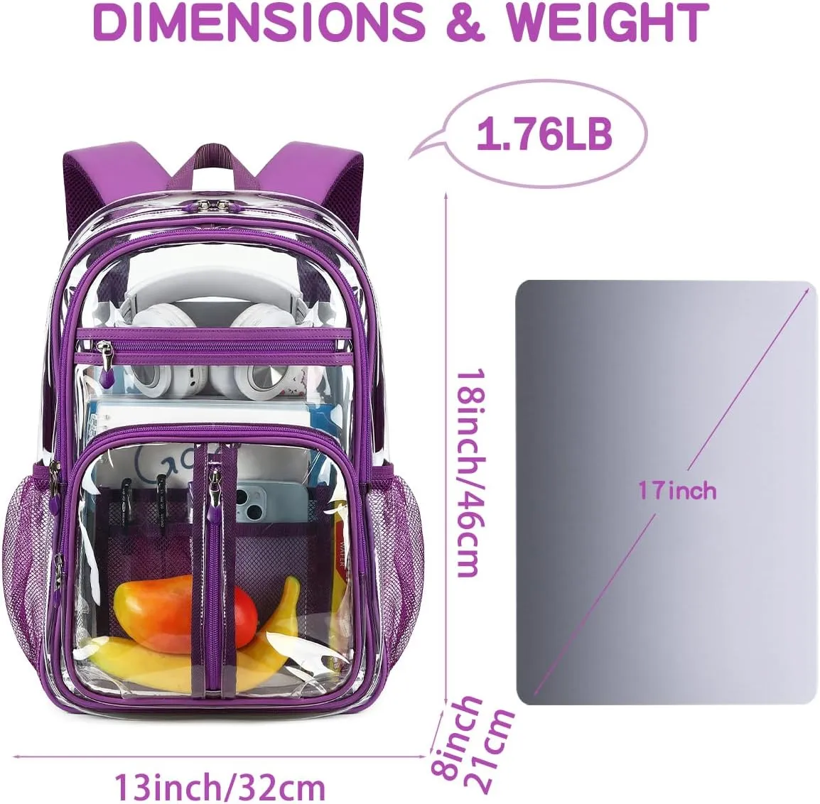 Cusangel Clear Purple Backpack for Women – Heavy Duty See Through XL H18''xW13''xD8 Plastic Big Transparent Bookbag for Sport Event,School,Stadium Events & Work Backpacks
