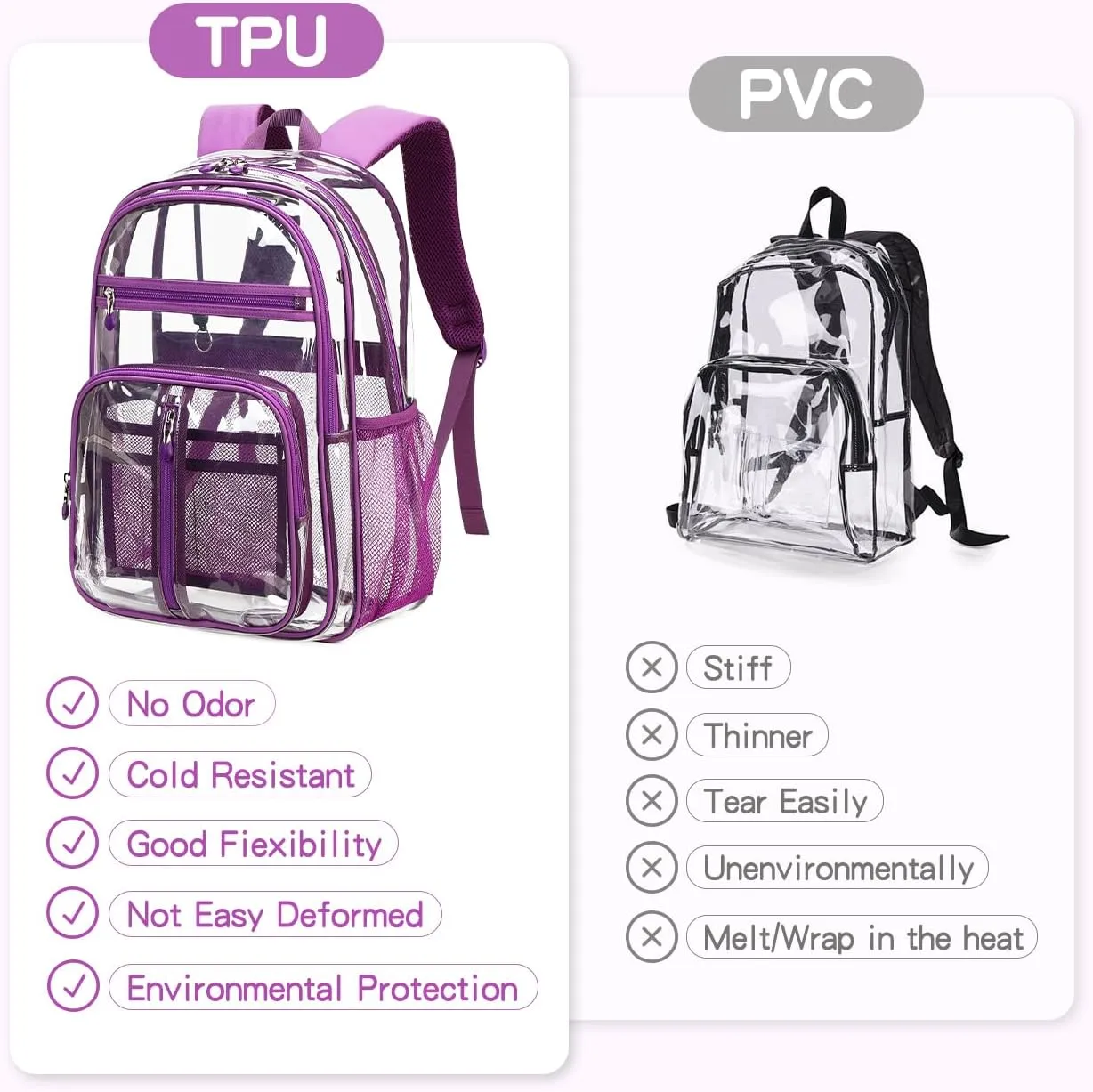 Cusangel Clear Purple Backpack for Women – Heavy Duty See Through XL H18''xW13''xD8 Plastic Big Transparent Bookbag for Sport Event,School,Stadium Events & Work Backpacks