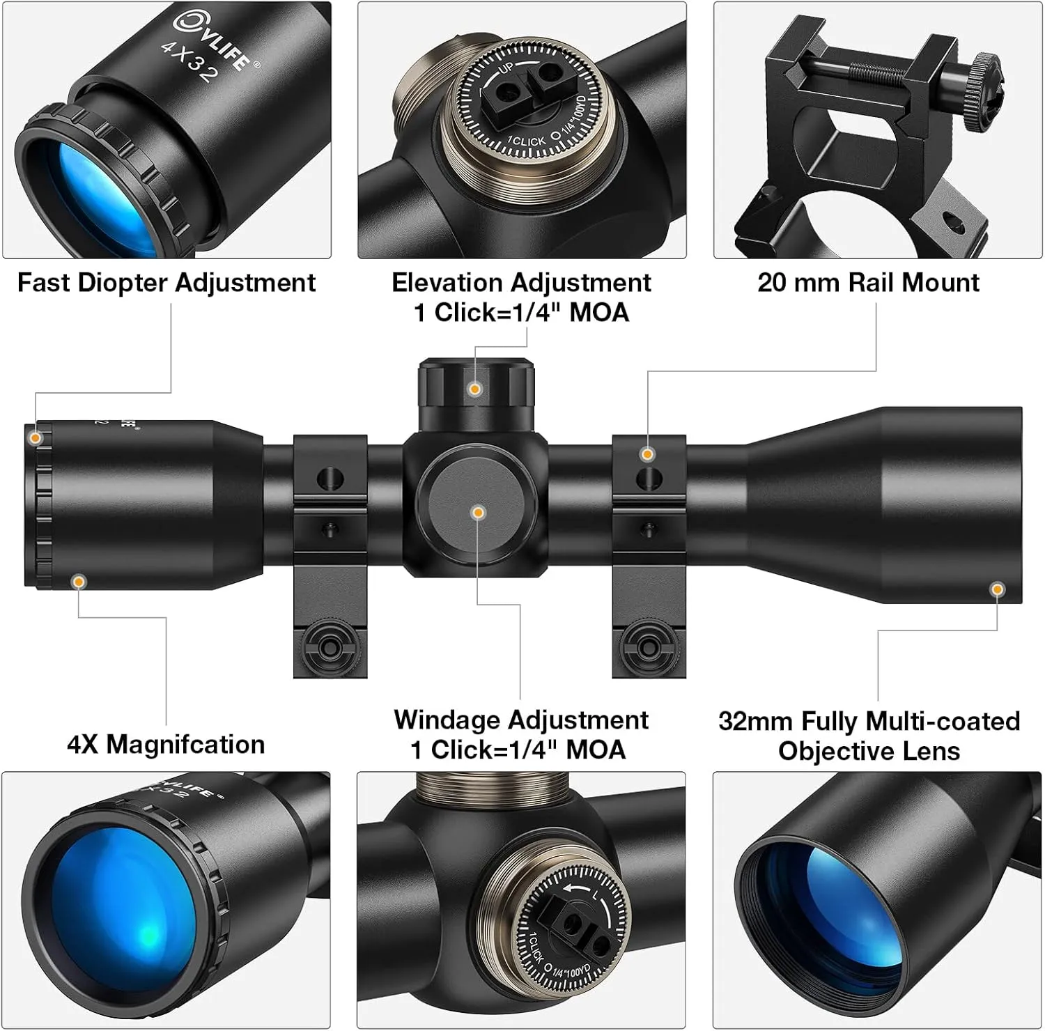 CVLIFE 4x32 Compact Rifle Scope Crosshair Optics Hunting Scope