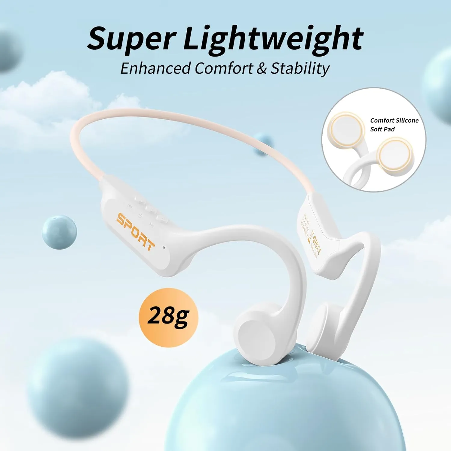 CXK Bone Conduction Headphones, Open Ear Earbuds Bluetooth 5.3, Bone Conduction Earbuds 8H Playtimes Sports Earphones with Mic, IPX6 Waterproof Headphones for Hiking, White