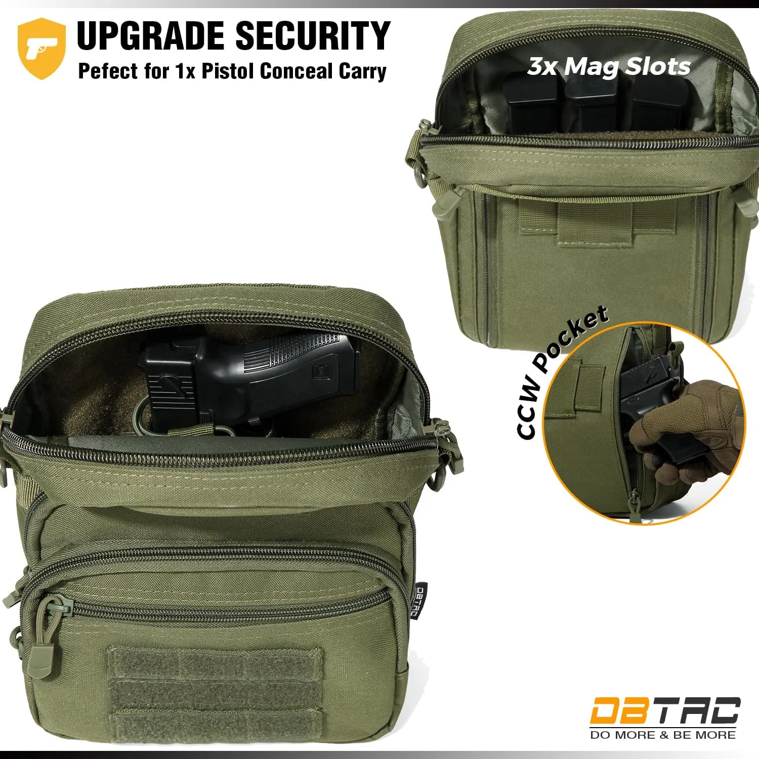 DBTAC Compact Gun Pouch w/Shoulder Strap | 3L CCW Crossbody Travel Bag Tactical Shoulder Bag w/Gun Holder, OD Green