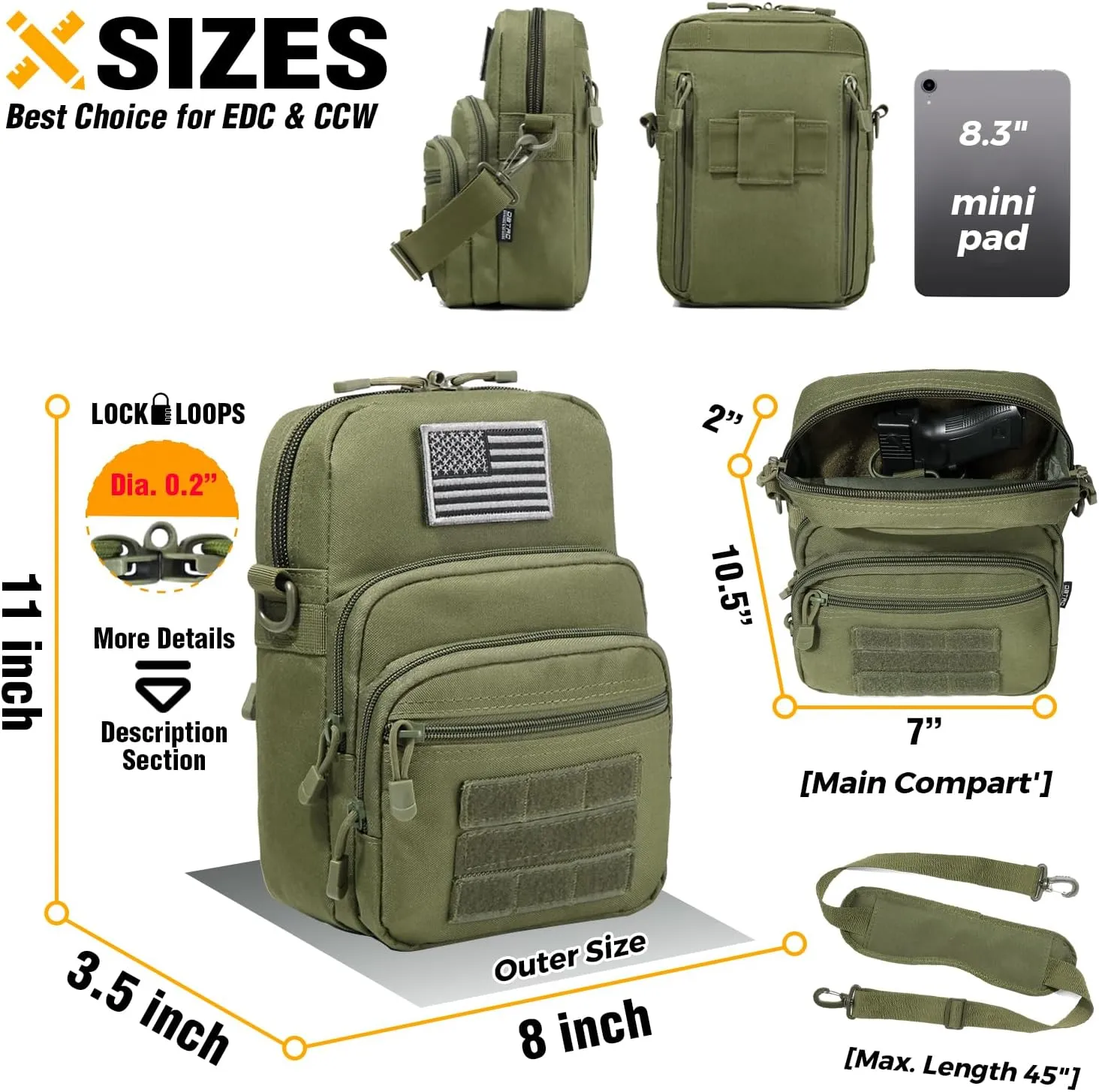 DBTAC Compact Gun Pouch w/Shoulder Strap | 3L CCW Crossbody Travel Bag Tactical Shoulder Bag w/Gun Holder, OD Green