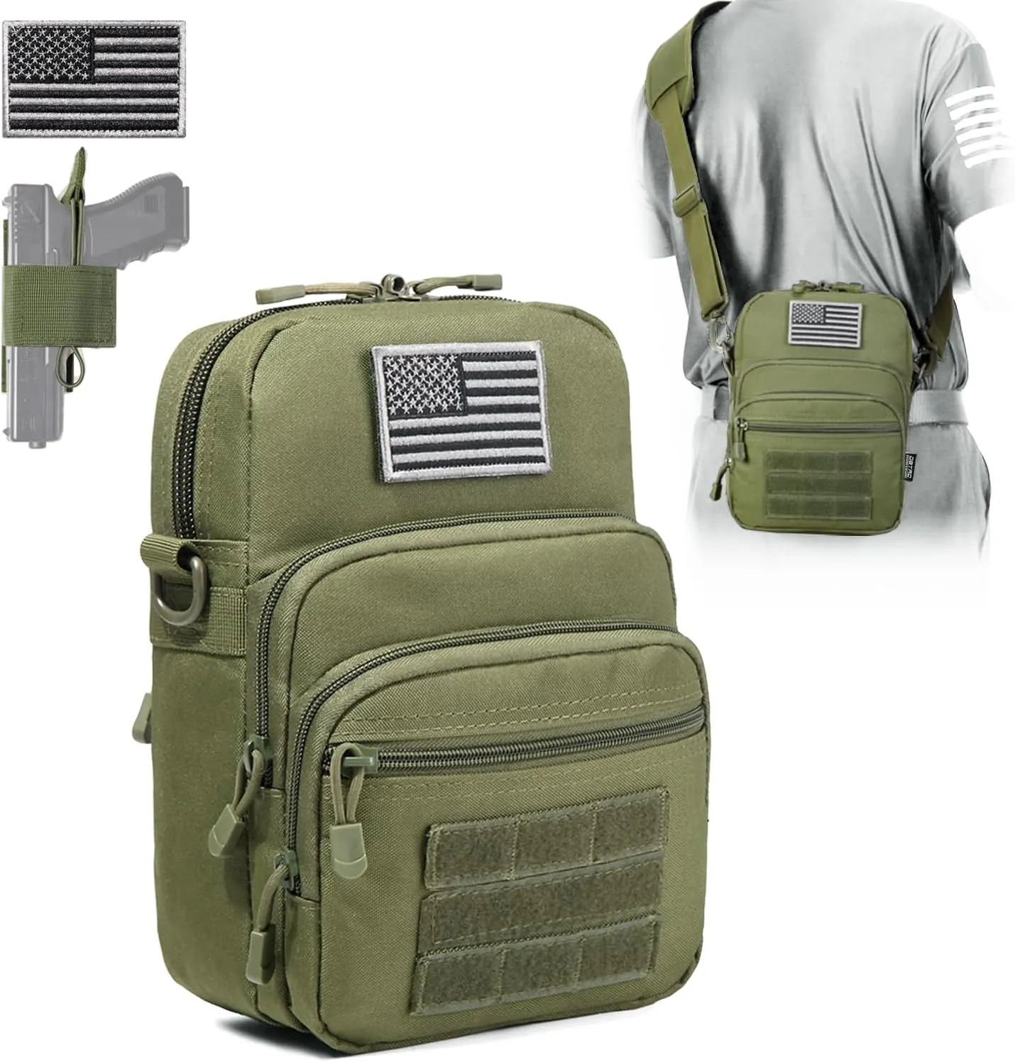 DBTAC Compact Gun Pouch w/Shoulder Strap | 3L CCW Crossbody Travel Bag Tactical Shoulder Bag w/Gun Holder, OD Green