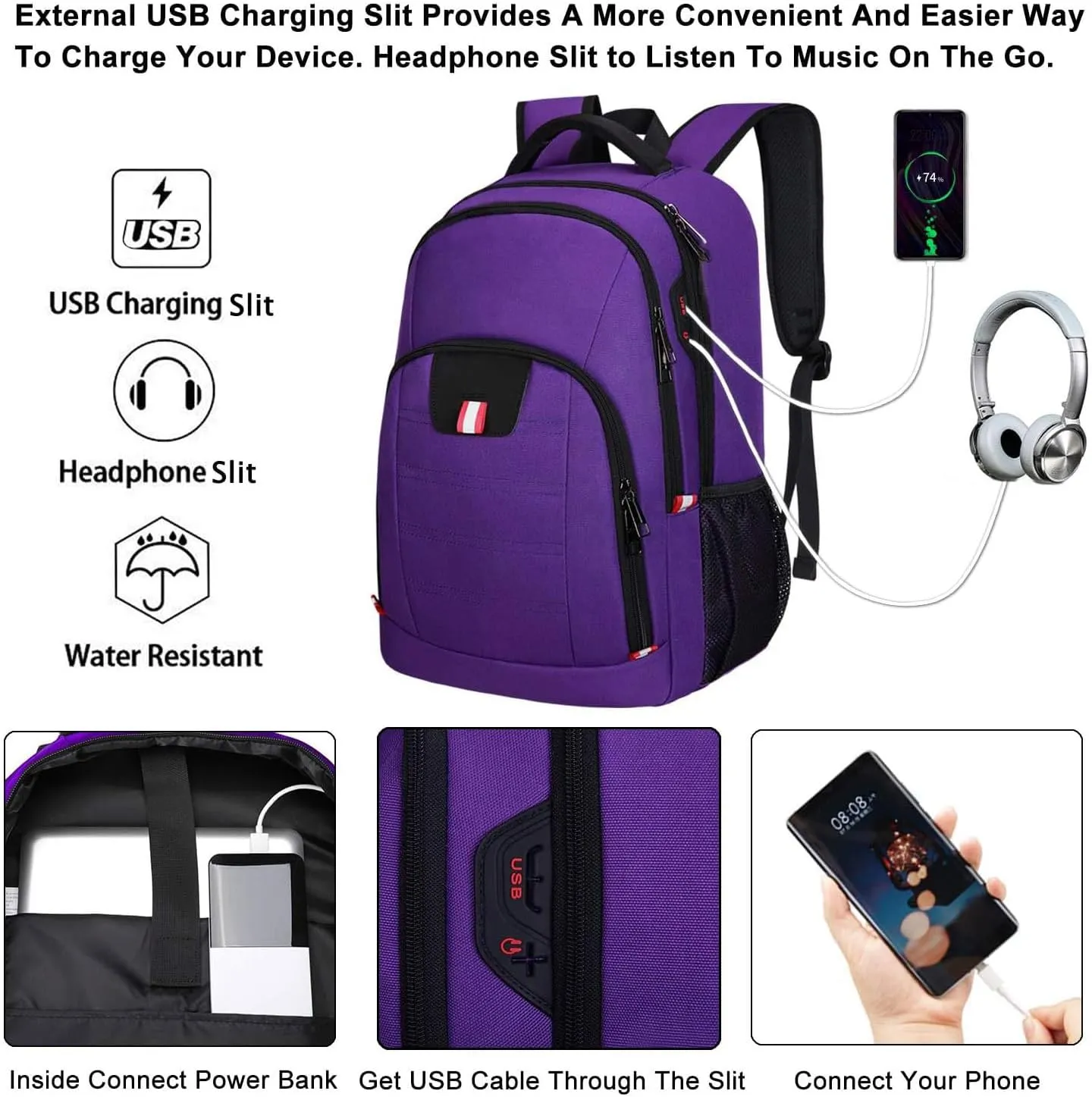 Della Gao Travel Laptop Backpack, Anti Theft Backpack for Men and Women with USB Charging Port Business Computer Backpack Bag (Purple, 15.6 Inch)