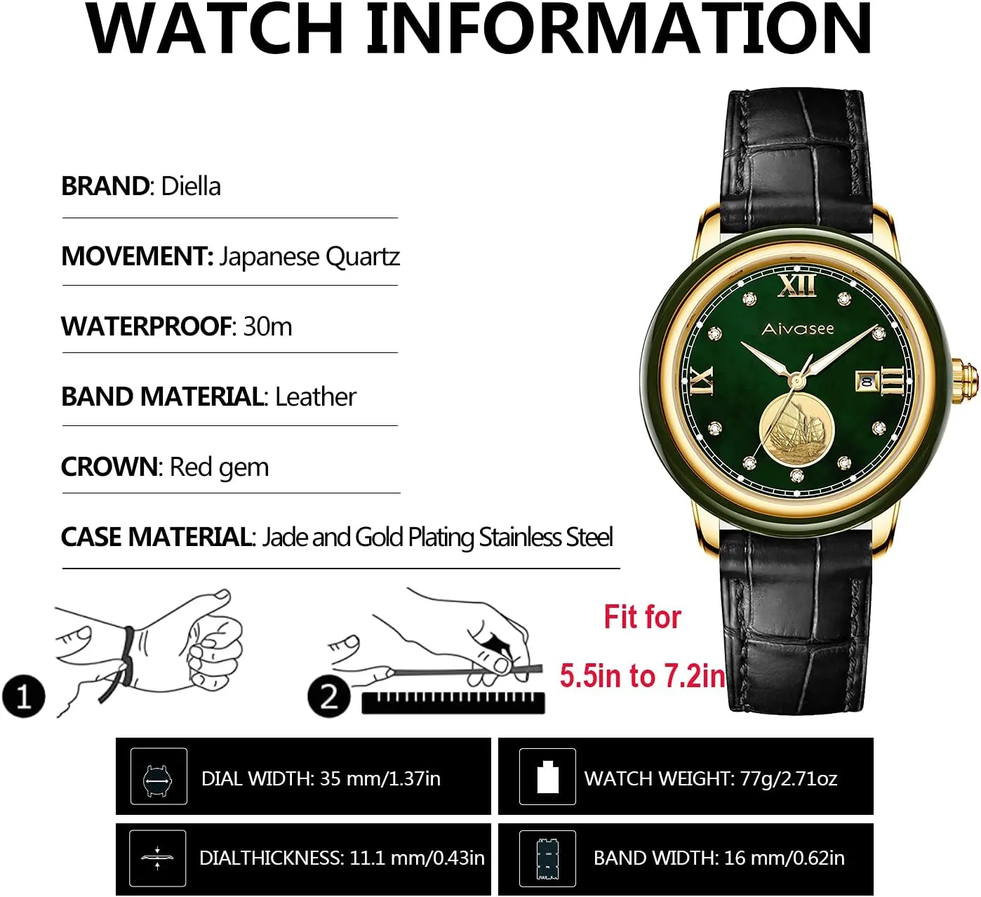 Diella Luxury Watches for Men and Women with Japanese Quartz Movement,Date Luminous, Waterproof