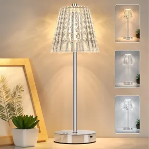 Dimmable Crystal Table Lamp, 3 Color (2700K/4000K/6000K) Adjustable, Battery Operated Wireless LED Desk Lamp, Classic Portable Night Light for Camping, Restanrant, Dinner, Indoor, Outdoor (Silver)
