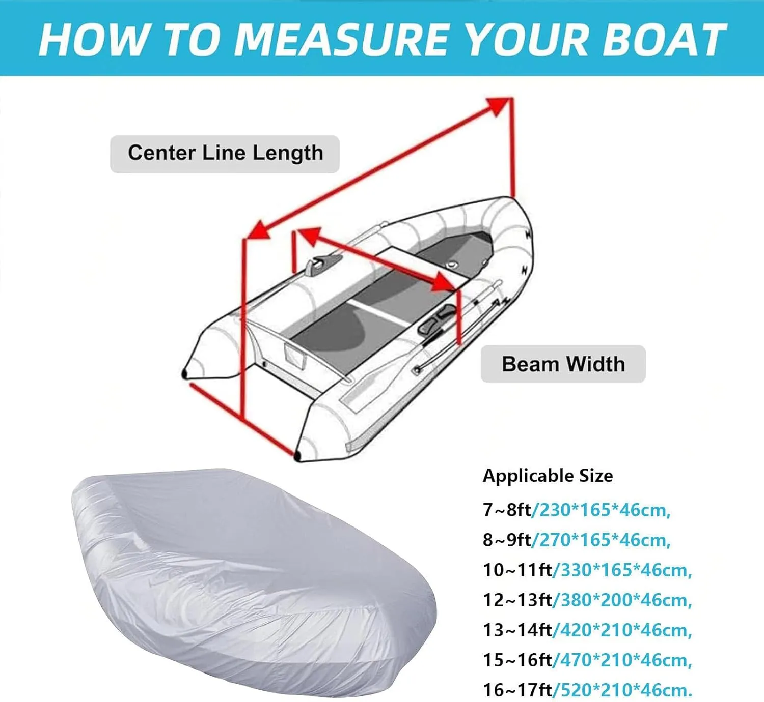 Dinghy Covers 7 Sizes Boats Covers UV Resistant Dinghy Covers for Small Inflatable and Rigid Inflatable Boats,520 * 210 * 46cm