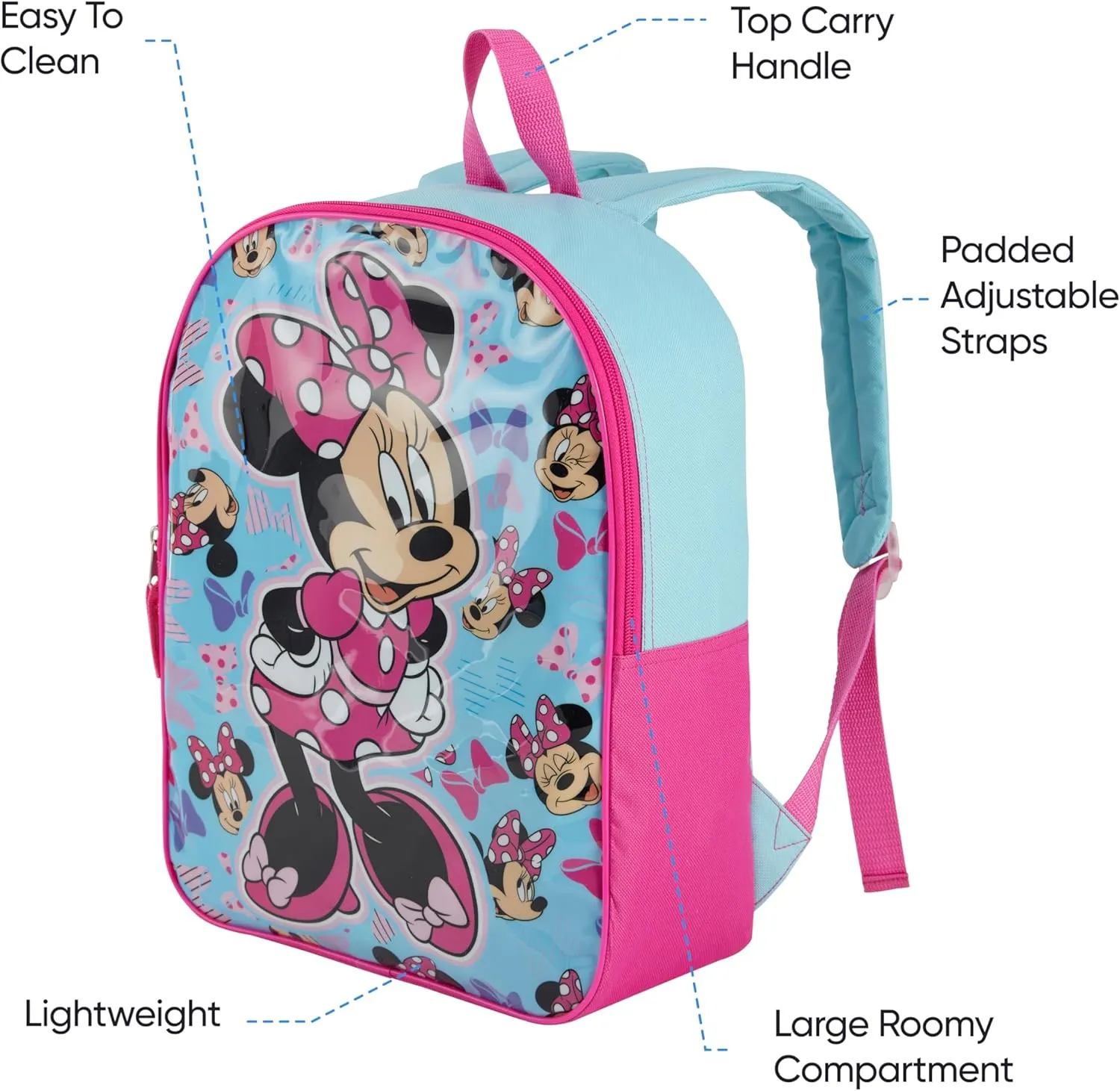 Disney Minnie Mouse Backpack for Kids 15” | Cute Minnie Mouse Bookbag for Girls | Padded Straps & Large Zip Compartment | Minnie Mouse Back to School Supplies