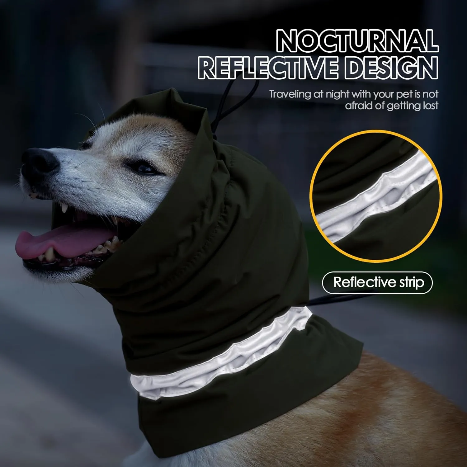 Dog Fleece Snood Ear Protector, Adjustable Neck Gaiter, Waterproof Calming Hoodie Ear Cover Relieve Anxiety, Neck Head Warmer Headband for Grooming (Military Green, Small)