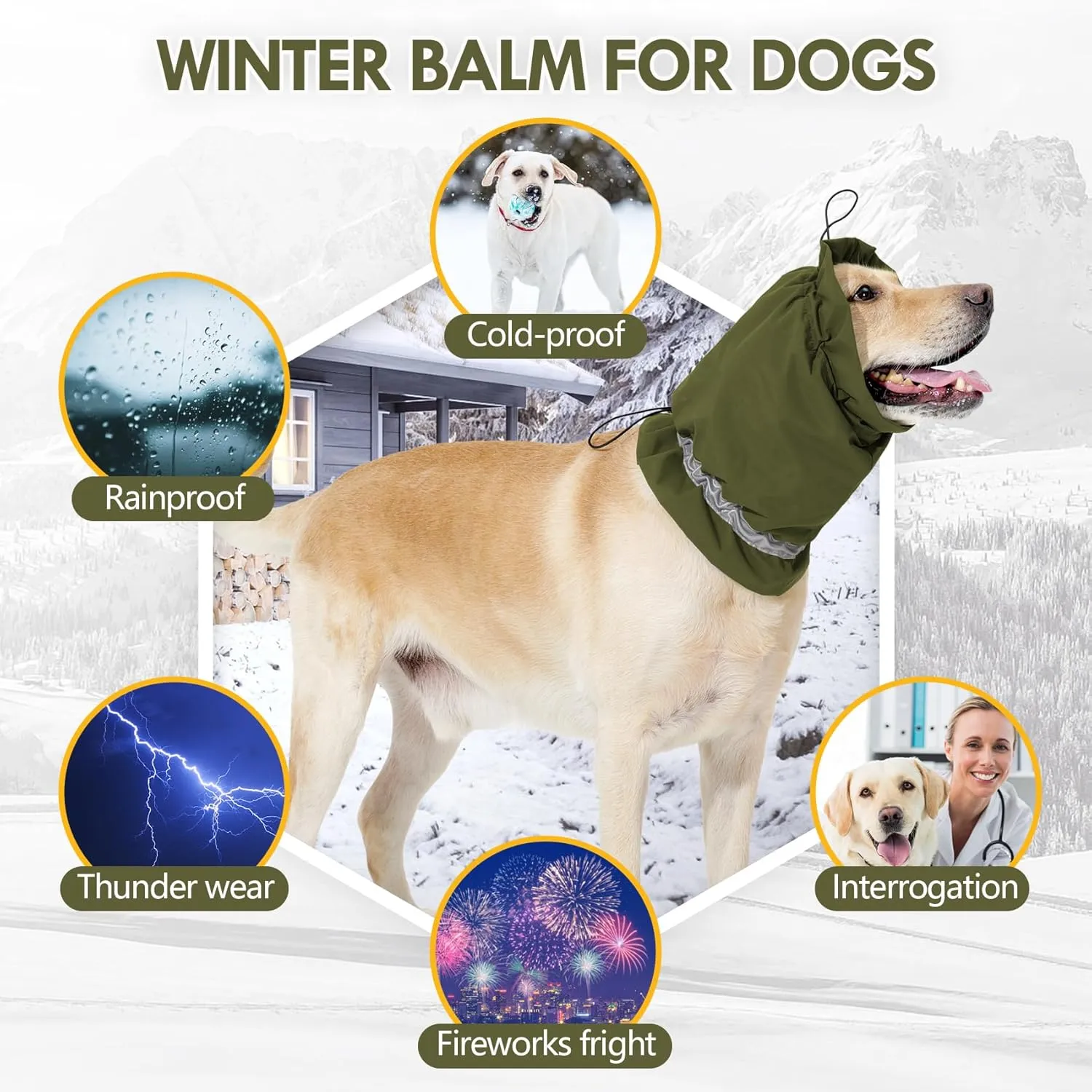 Dog Fleece Snood Ear Protector, Adjustable Neck Gaiter, Waterproof Calming Hoodie Ear Cover Relieve Anxiety, Neck Head Warmer Headband for Grooming (Military Green, Small)