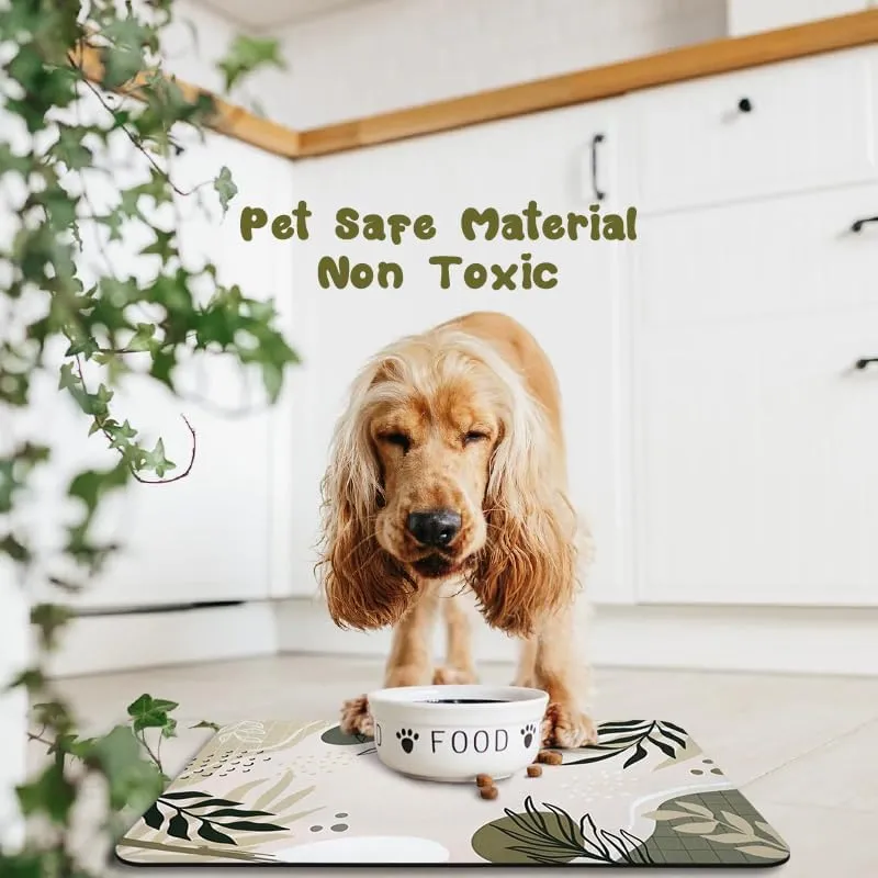 Dog Food and Water Bowl Mats - Waterproof, Absorbent Pet Feeding Placemats for Floors - Bohemia Tropical Leaves Design, 24 * 32 Inch