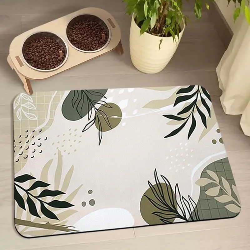 Dog Food and Water Bowl Mats - Waterproof, Absorbent Pet Feeding Placemats for Floors - Bohemia Tropical Leaves Design, 24 * 32 Inch