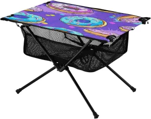 Donuts on Purple Portable Folding Camping Table, Compact Lightweight Beach Table with Carrying Bag for Outdoor Picnics, BBQs, Camp