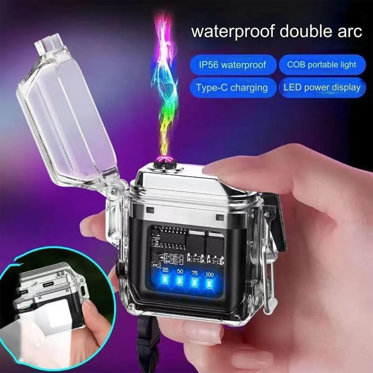 Double Arc Lighter, Outdoor Windproof Lighter, Sealed Waterproof Lighter, Cool Lighters for Men and Women(Purple)