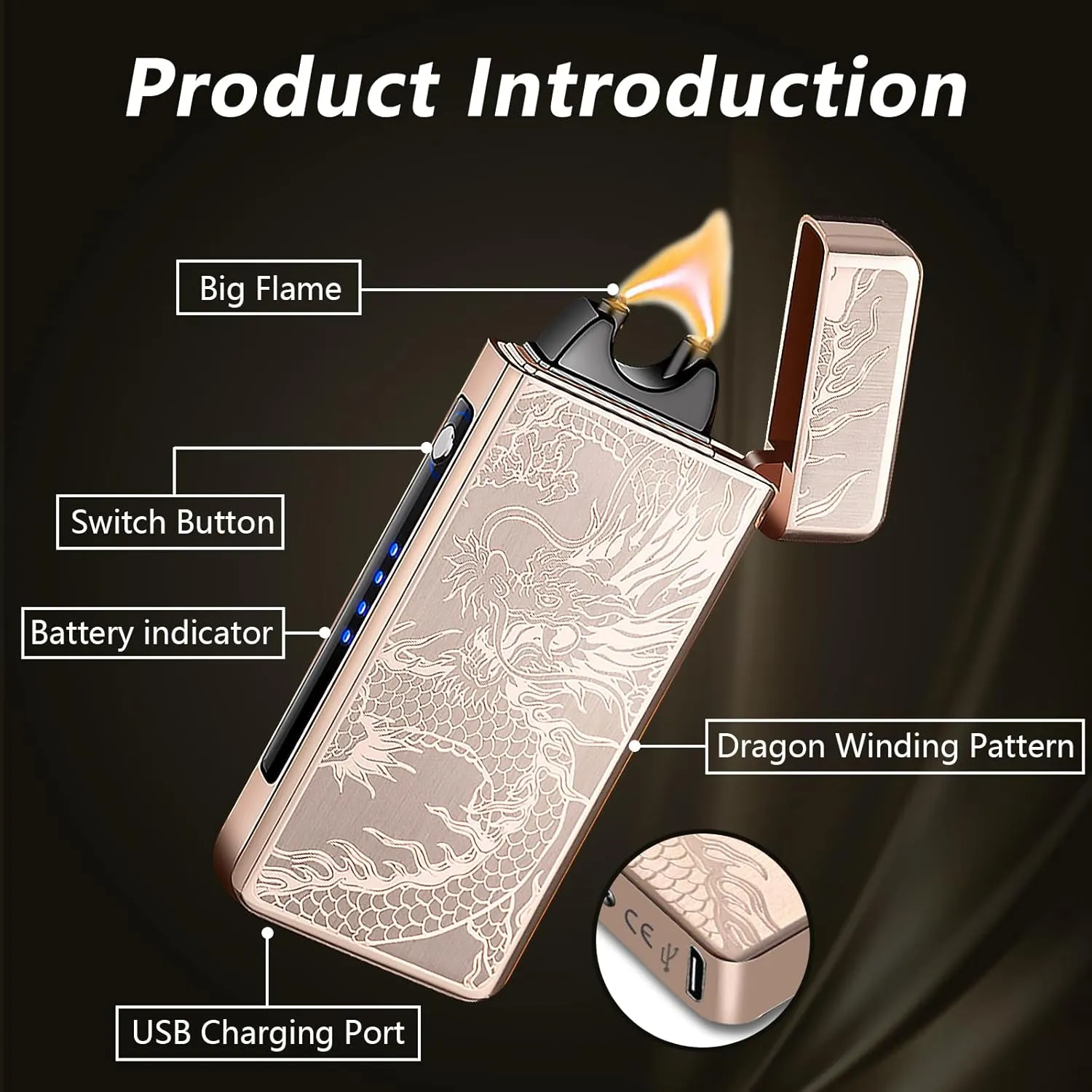Dragon Electric Lighter - Rechargeable, Windproof Plasma with Battery Indicator - Unique, Cool Lighter for Incense, Camping, Hiking, Adventure (Dragon-Gold)