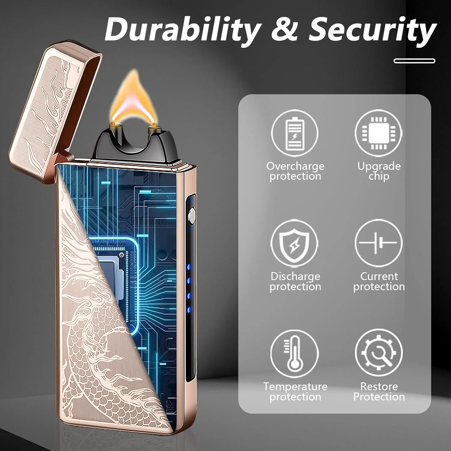 Dragon Electric Lighter - Rechargeable, Windproof Plasma with Battery Indicator - Unique, Cool Lighter for Incense, Camping, Hiking, Adventure (Dragon-Gold)