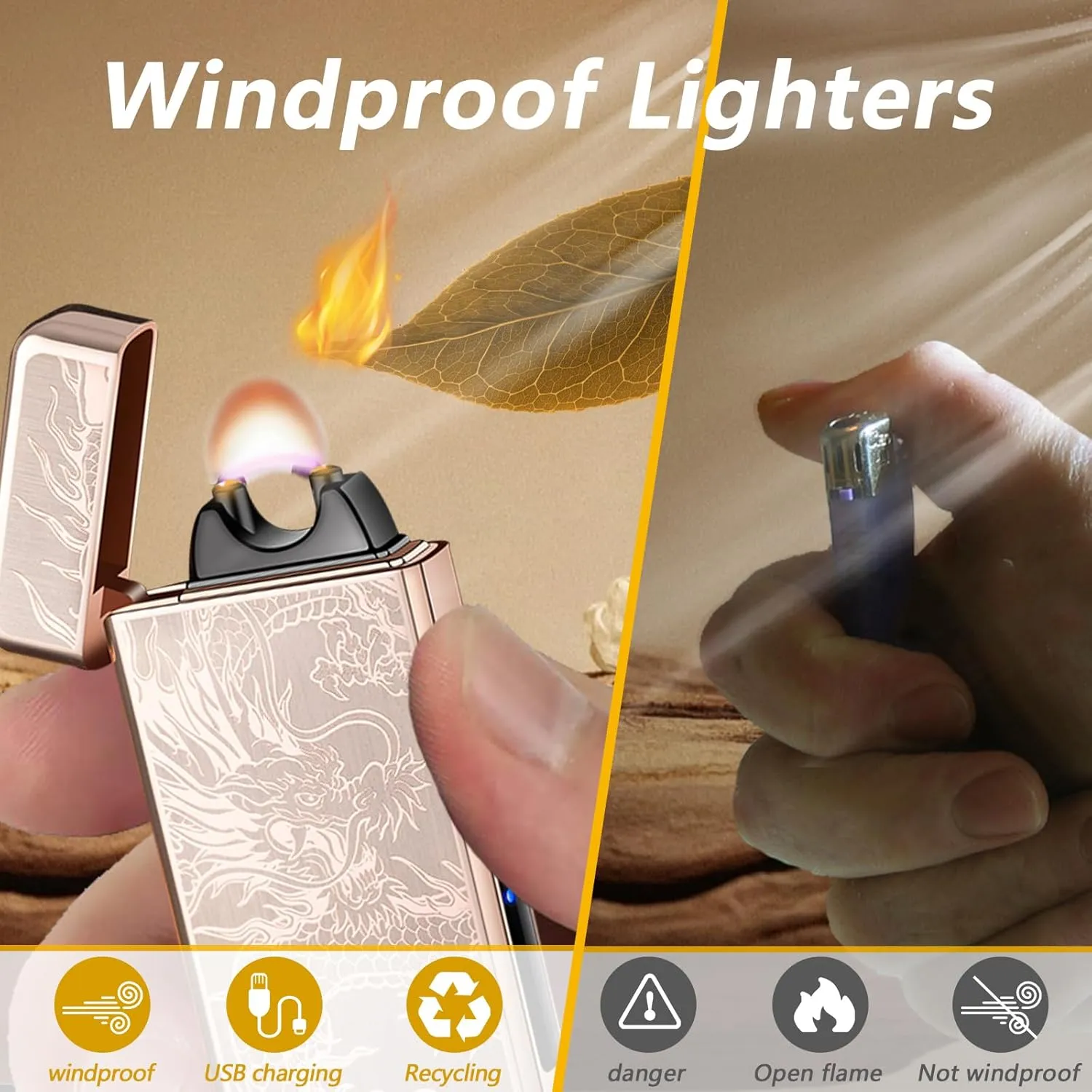 Dragon Electric Lighter - Rechargeable, Windproof Plasma with Battery Indicator - Unique, Cool Lighter for Incense, Camping, Hiking, Adventure (Dragon-Gold)