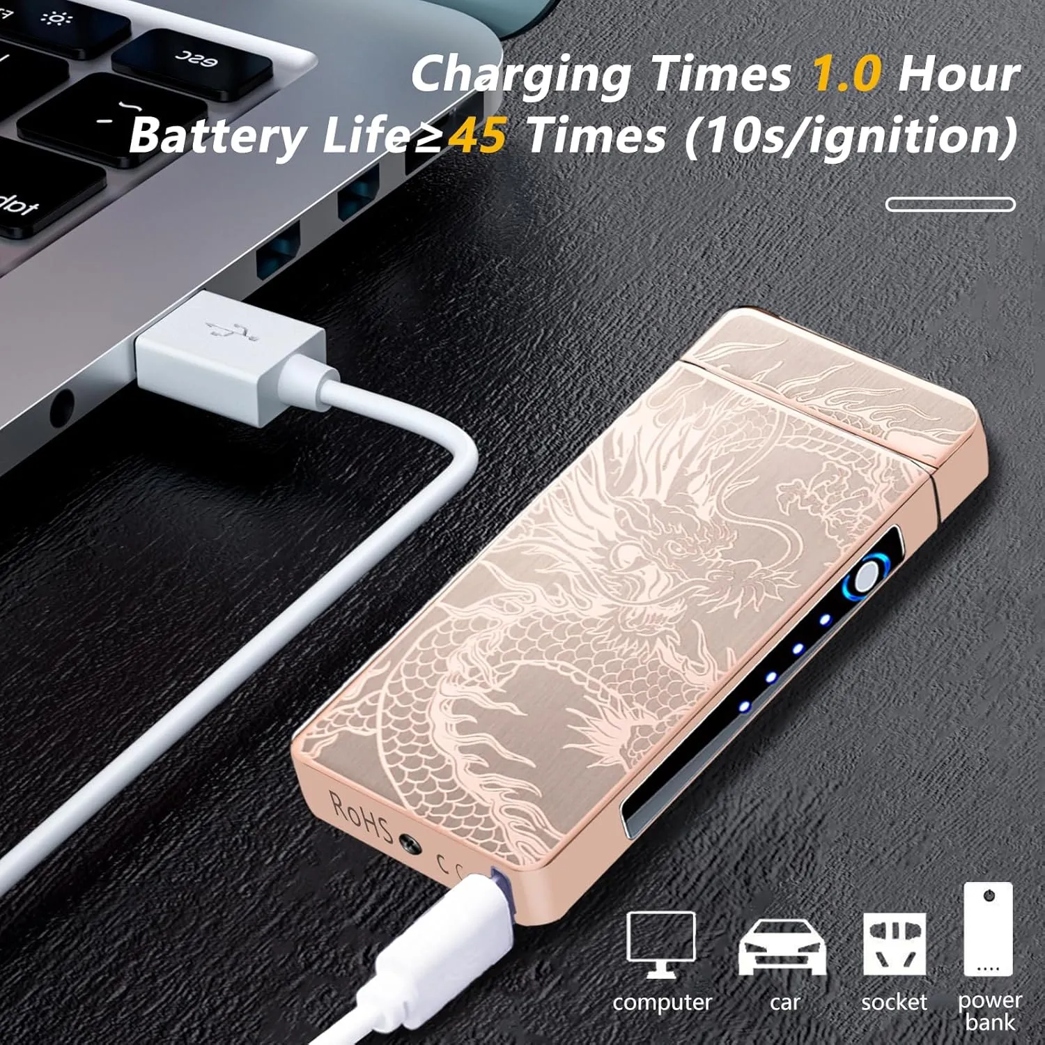 Dragon Electric Lighter - Rechargeable, Windproof Plasma with Battery Indicator - Unique, Cool Lighter for Incense, Camping, Hiking, Adventure (Dragon-Gold)