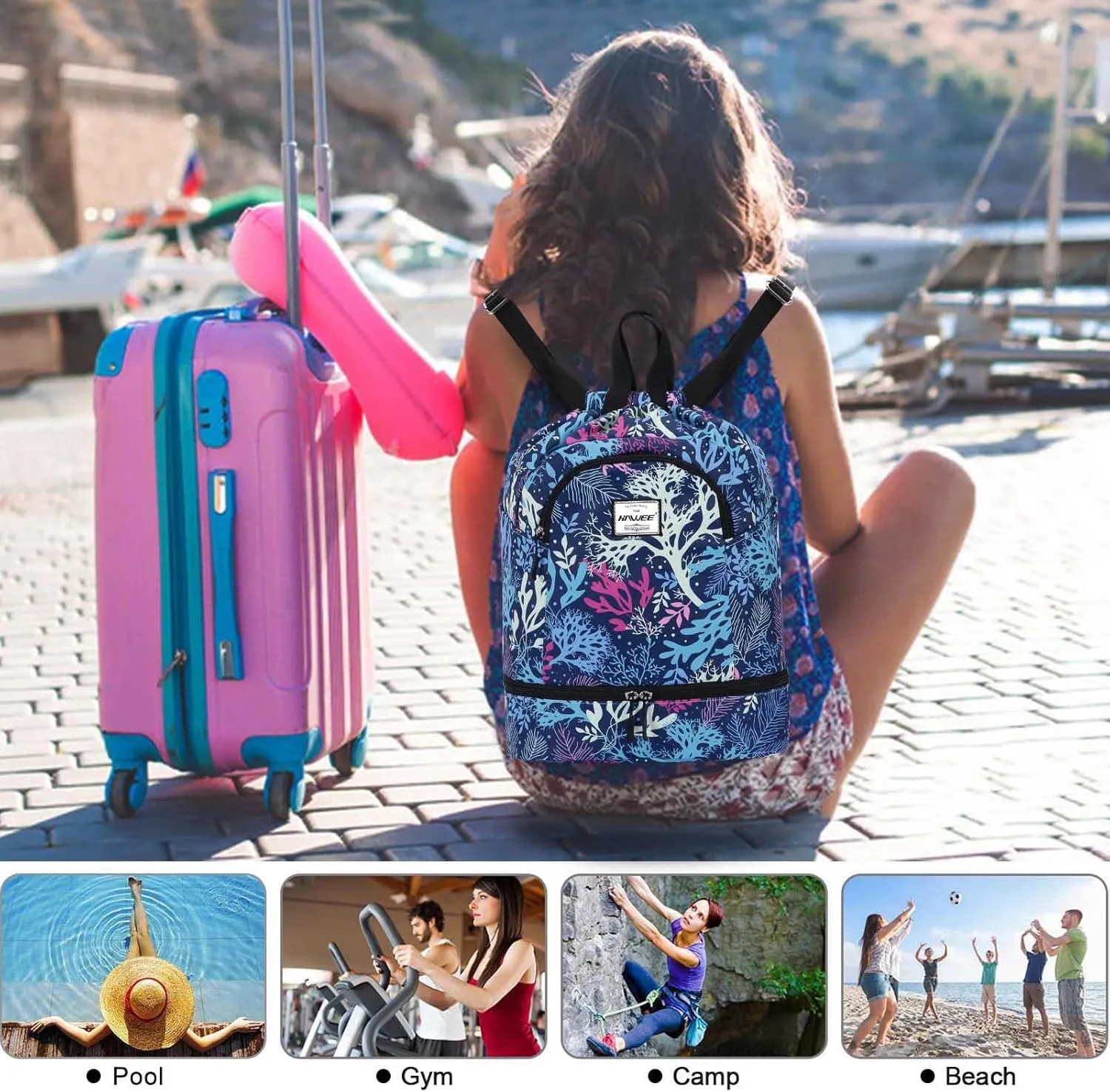 Dry Wet Drawstring Backpack with Shoe Compartment for Women Adjustable Gym Bag