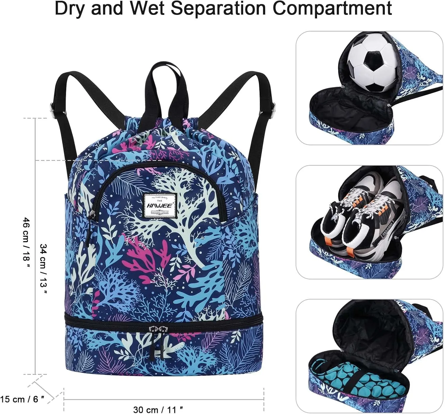 Dry Wet Drawstring Backpack with Shoe Compartment for Women Adjustable Gym Bag