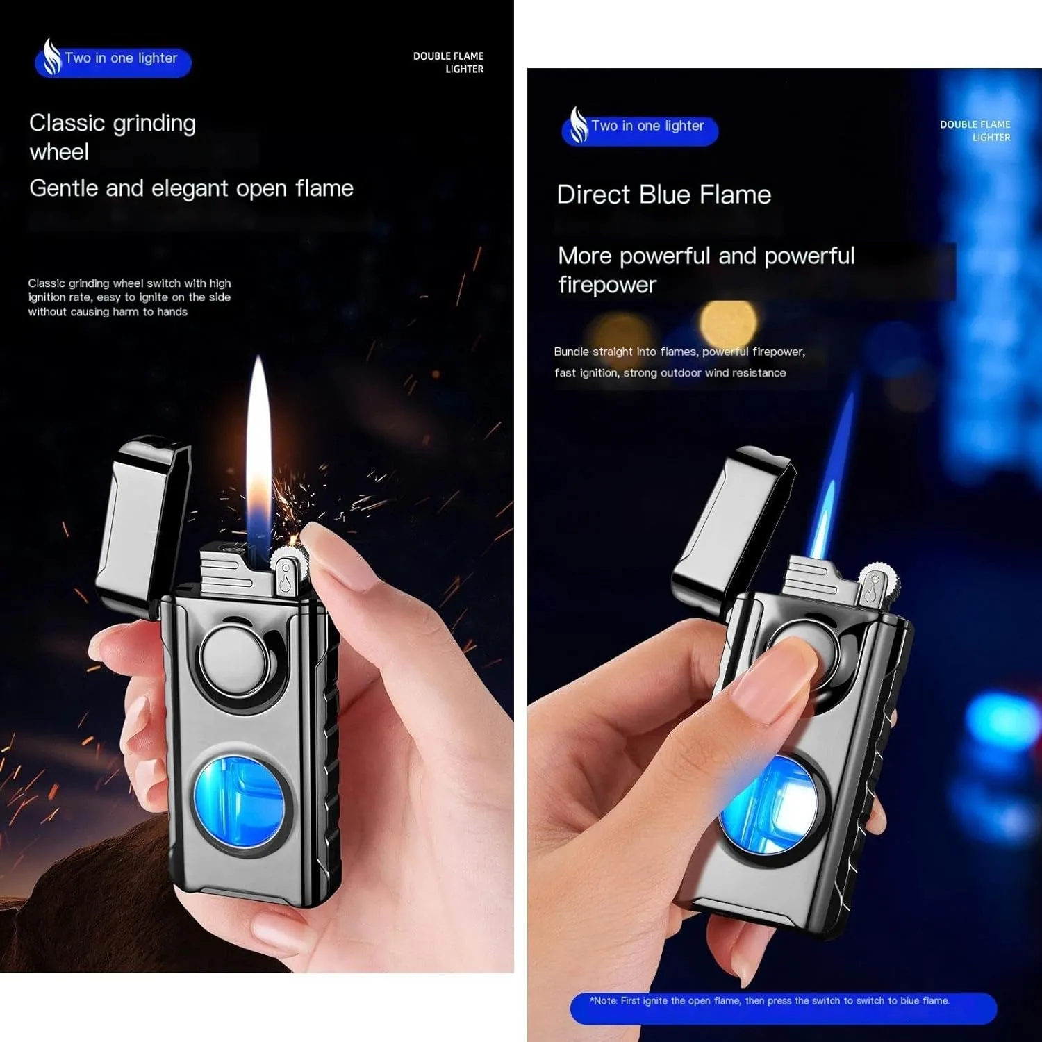 Dual-Flame Lighter，Direct-Flame   Open-Flame switchable Lighter, Soft/Jet Flame switchable lighters Lighter with Gift Box and Flints【No Gas】 (Color : Gray)