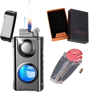 Dual-Flame Lighter，Direct-Flame   Open-Flame switchable Lighter, Soft/Jet Flame switchable lighters Lighter with Gift Box and Flints【No Gas】 (Color : Gray)