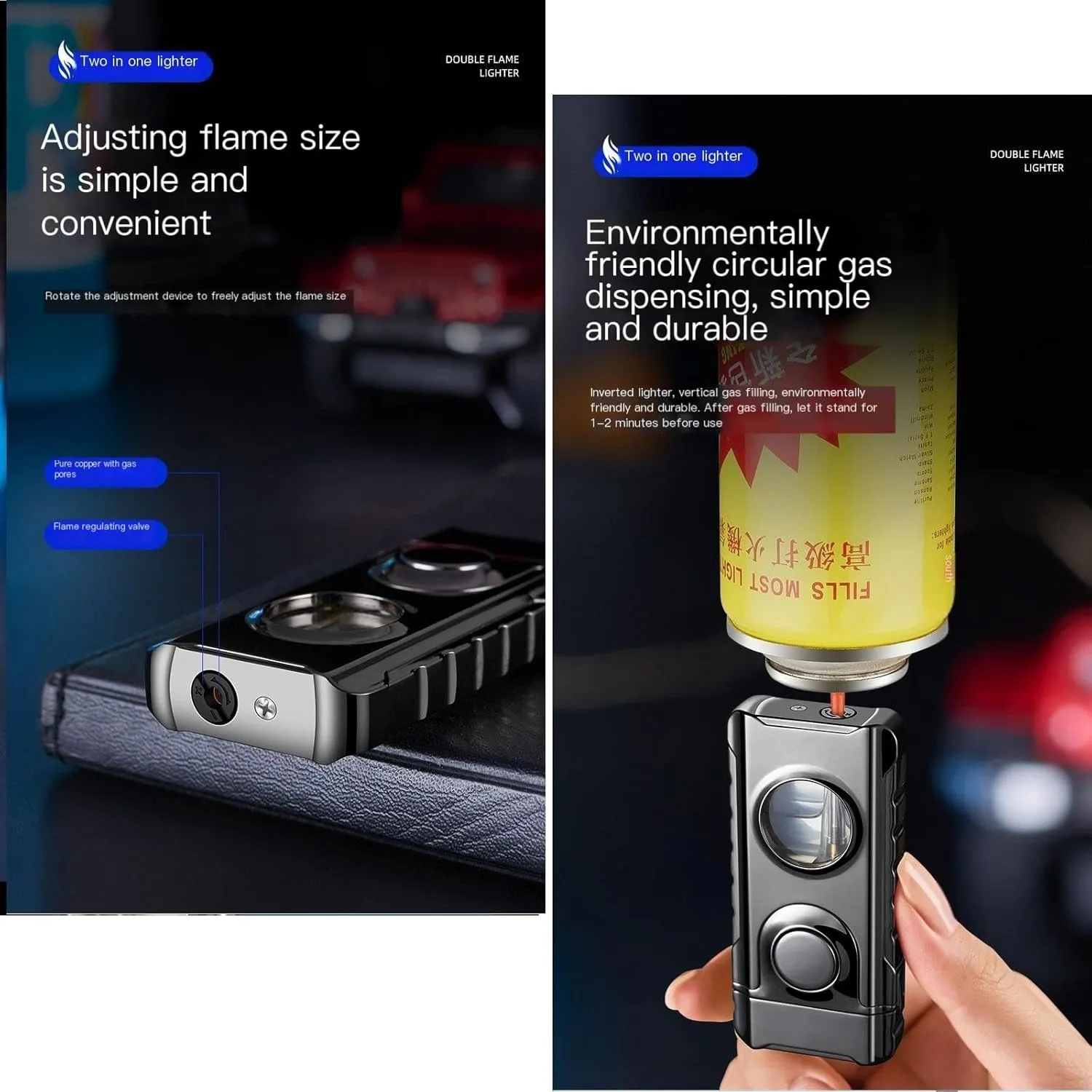 Dual-Flame Lighter，Direct-Flame   Open-Flame switchable Lighter, Soft/Jet Flame switchable lighters Lighter with Gift Box and Flints【No Gas】 (Color : Gray)