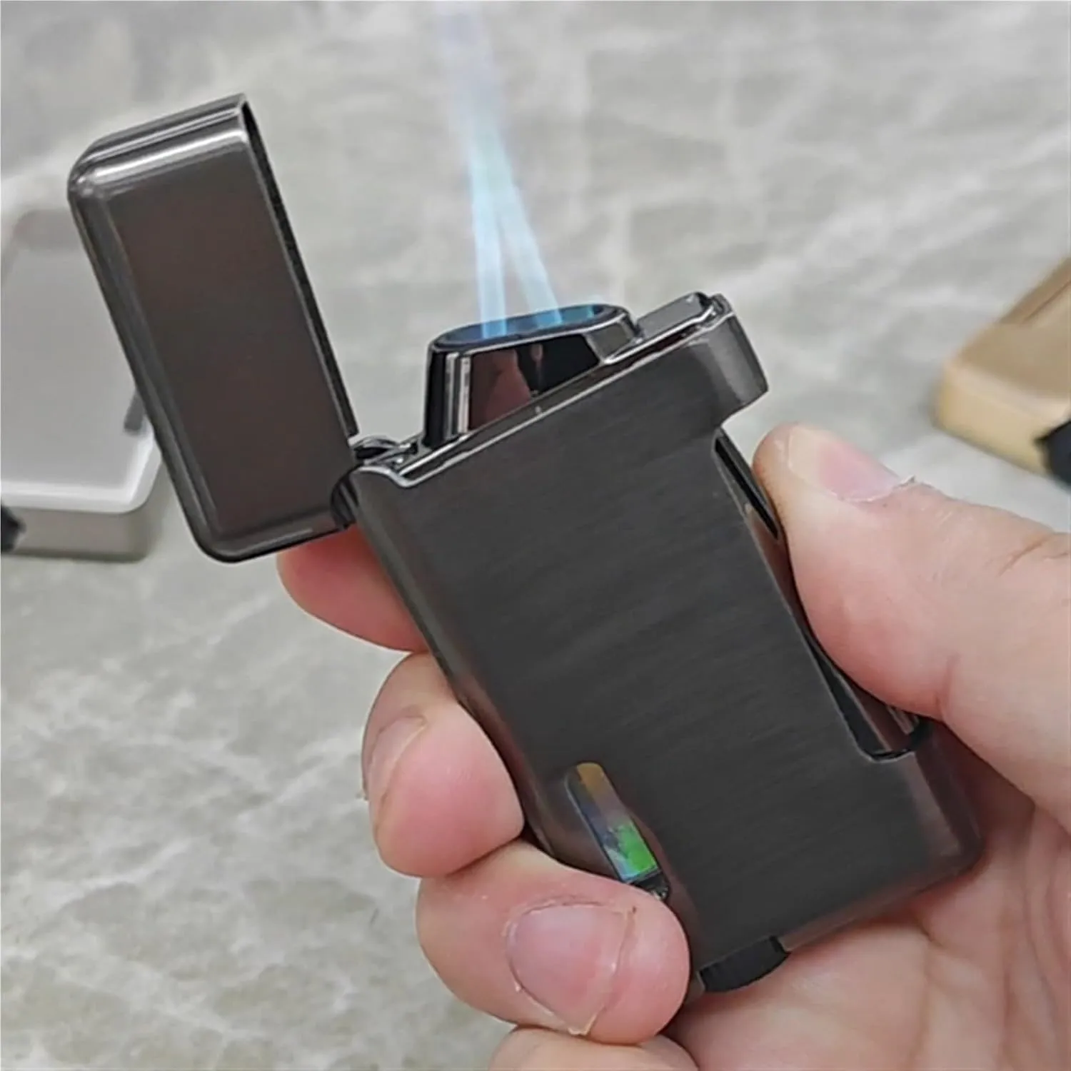 Dual Flame Torch Lighter, Adjustable Flame Jet Lighter with Visible Gas Window, Stylish and Cool Gas Lighter Refill, Most Powerful Lighter for Outdoor Use, Suitable for Men, Women (No Butane)(Gold)