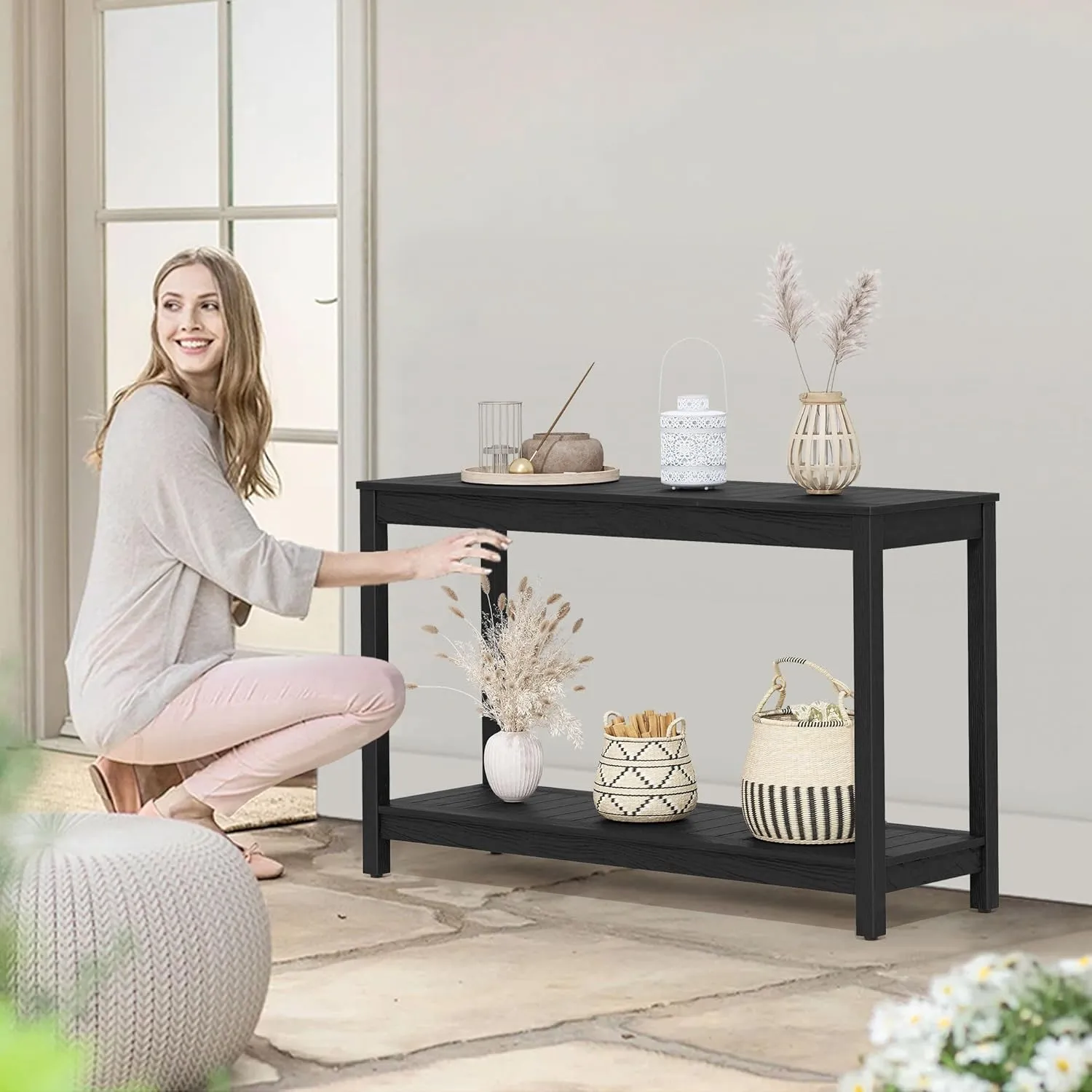 DWVO 48" Outdoor Bar Table Console Table, HIPS Material Indoor Outdoor Multifunctional Buffet Bar Storage Organizer with Adjustable Feet (Black)