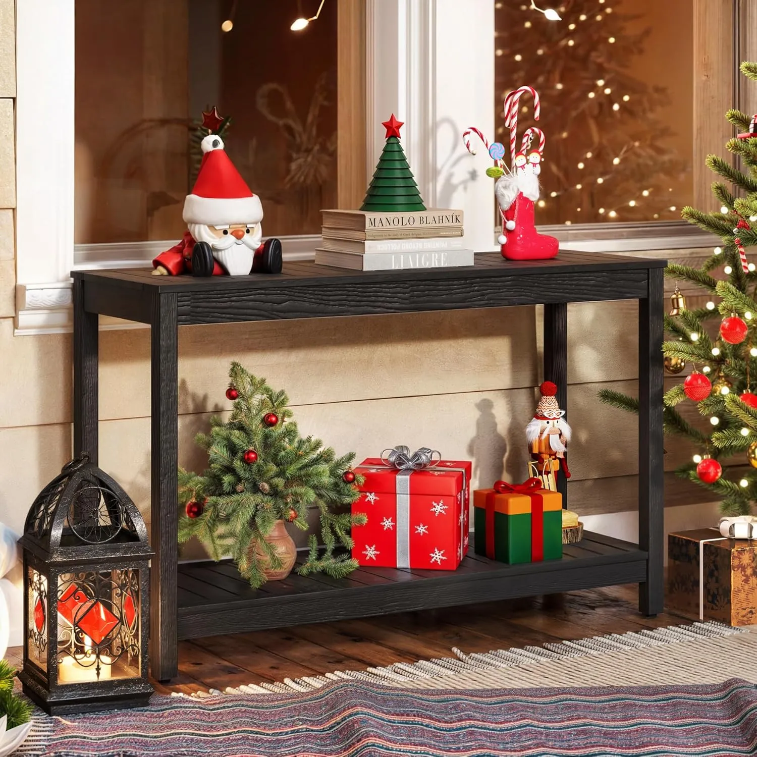 DWVO 48" Outdoor Bar Table Console Table, HIPS Material Indoor Outdoor Multifunctional Buffet Bar Storage Organizer with Adjustable Feet (Black)
